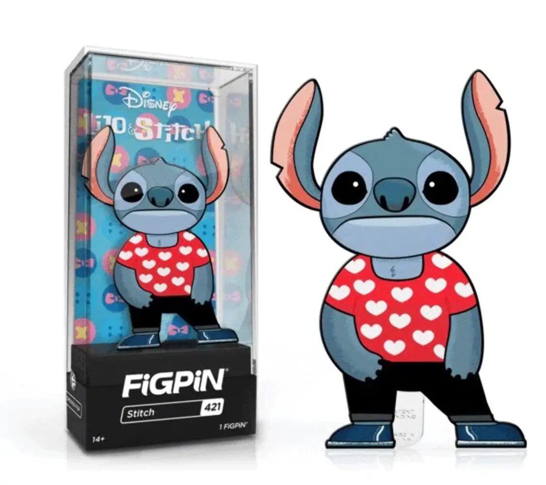 Figpin Disney Lilo and Stitch Stitch #421 collectible pin from THE MIGHTY HOBBY SHOP, featuring Stitch in a playful pose.