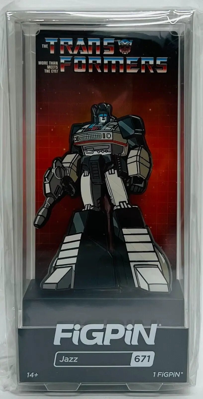 Limited edition Transformers Jazz FiGPiN collectible pin by THE MIGHTY HOBBY SHOP, featuring detailed design and vibrant colors.