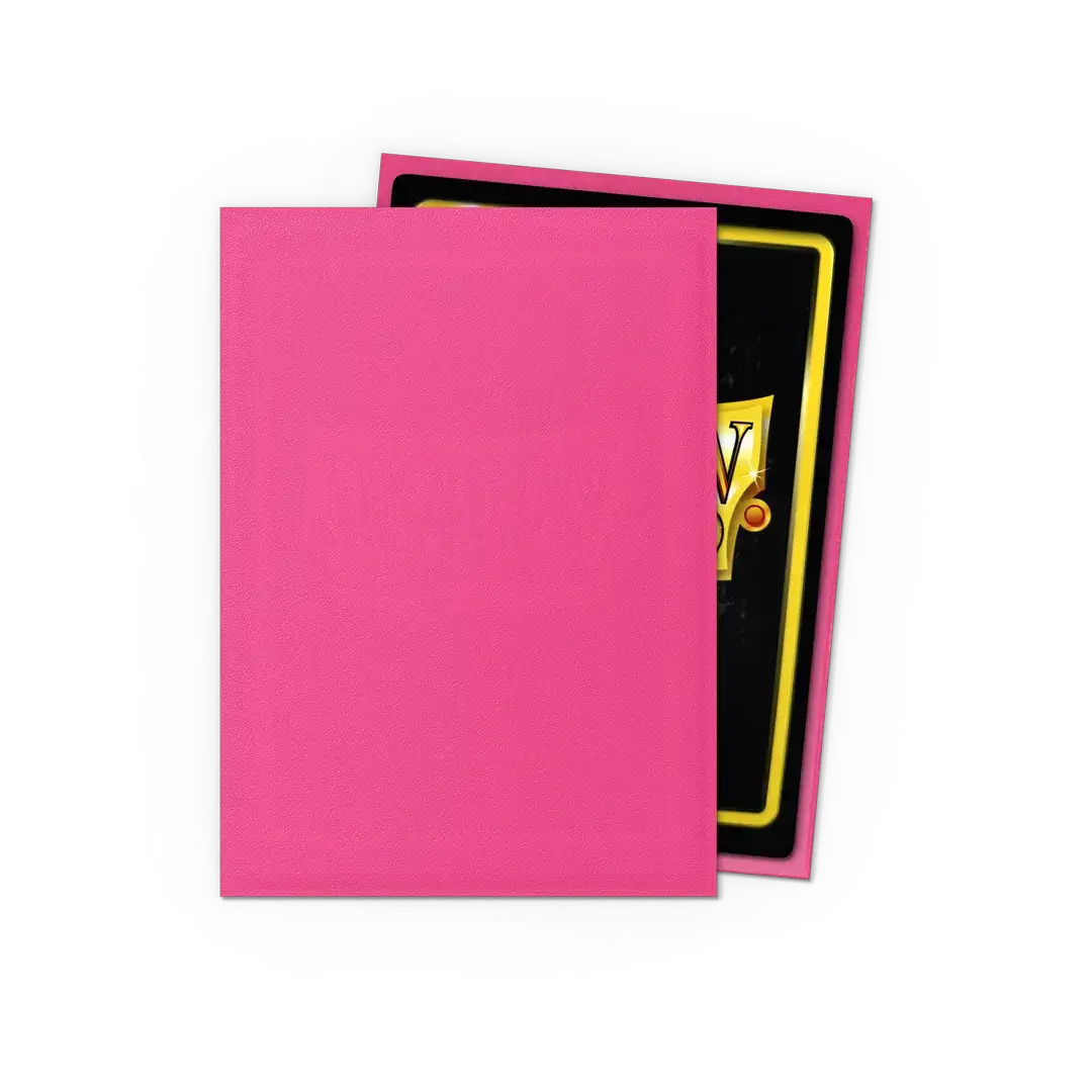 Pink matte trading card sleeves with standard size from THE MIGHTY HOBBY SHOP, showing smooth pink surface and clear edges.