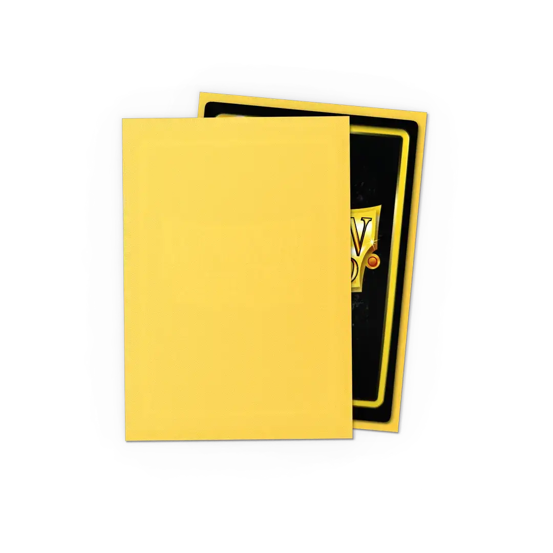Yellow matte Japanese size sleeves for trading cards, designed by THE MIGHTY HOBBY SHOP, shown with the product in the image.