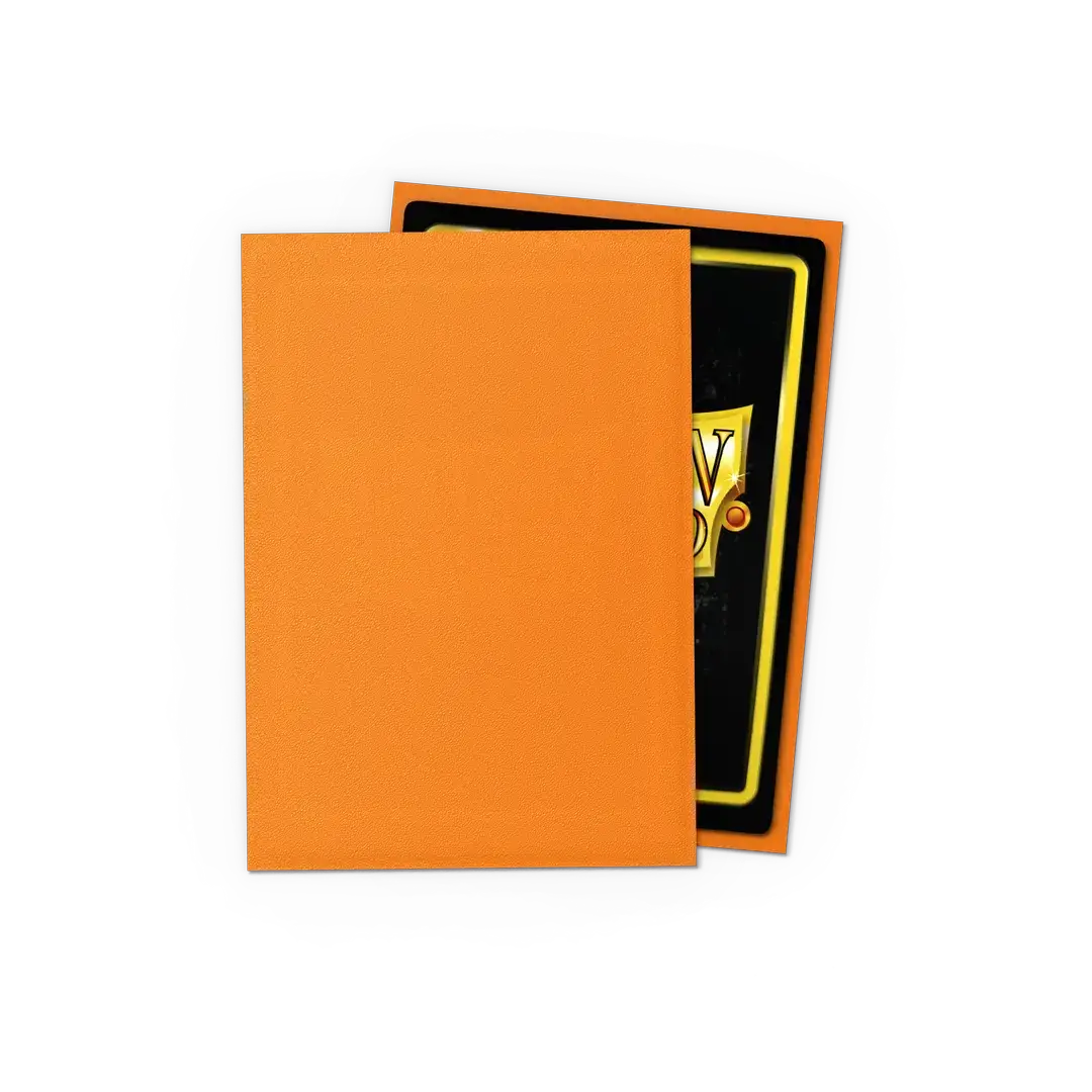 Matte orange card sleeves with Japanese size markings, ideal for collectible card games, by THE MIGHTY HOBBY SHOP.