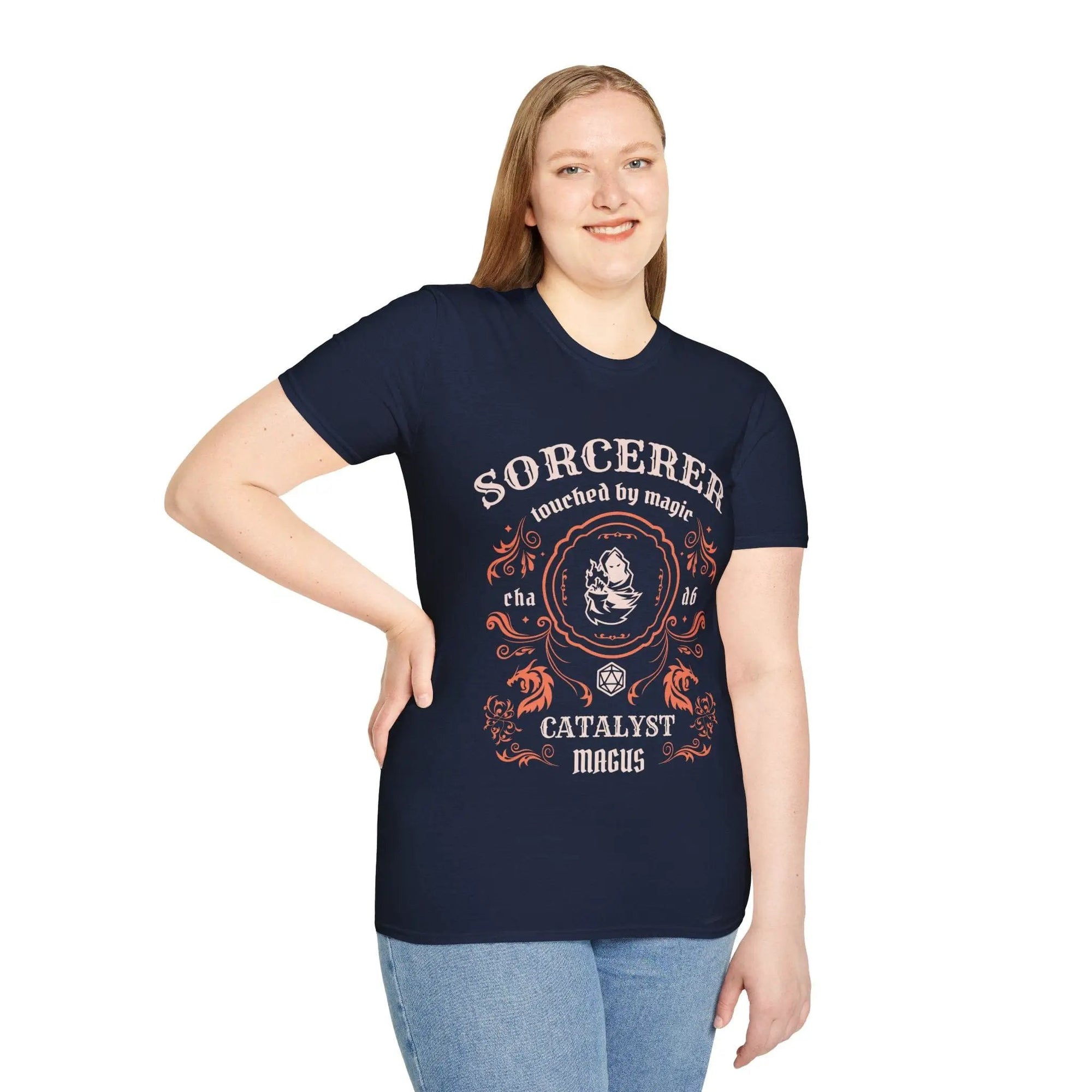 Sunburst RPG Sorcerer Class Vintage Label T-Shirt featuring a detailed mystical sorcerer design on a classic shirt.