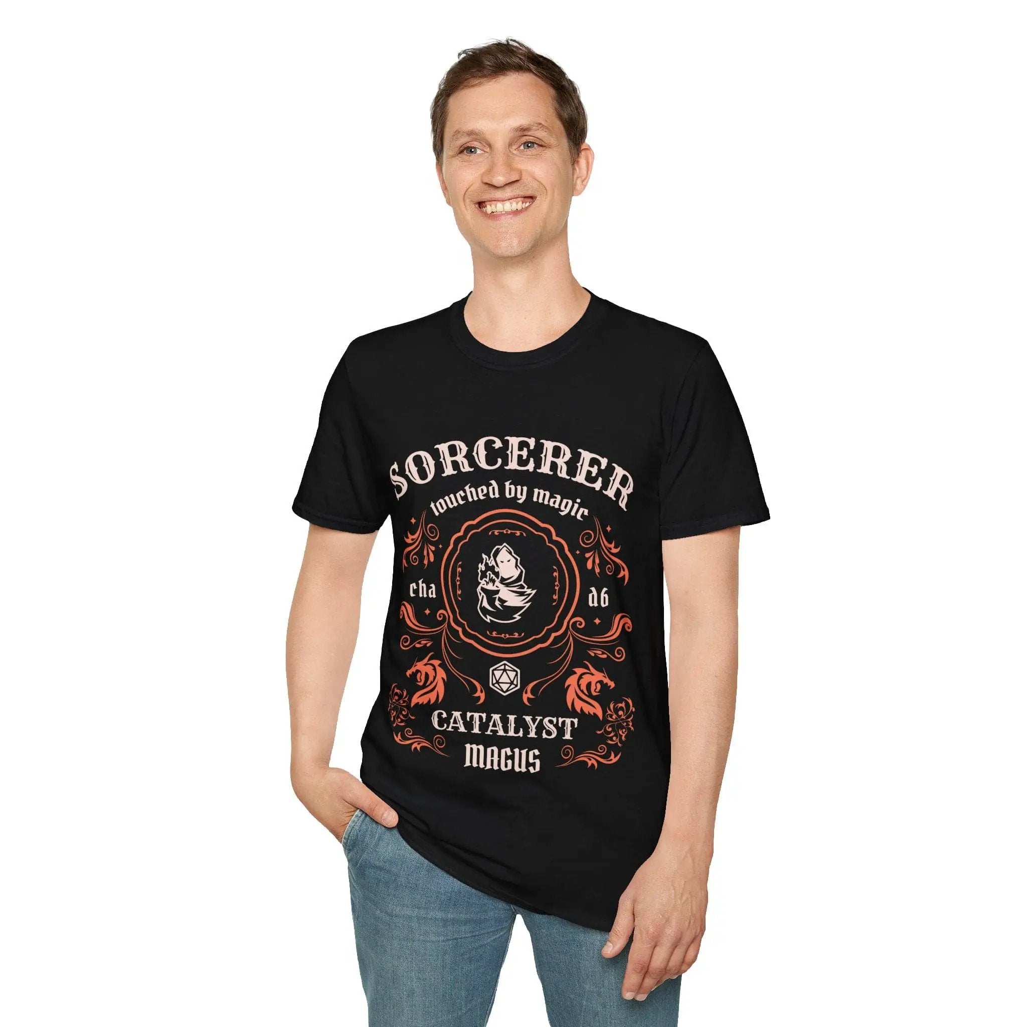 Sunburst RPG Sorcerer Class vintage label T-Shirt featuring mystical sorcerer design on a comfortable cotton shirt.