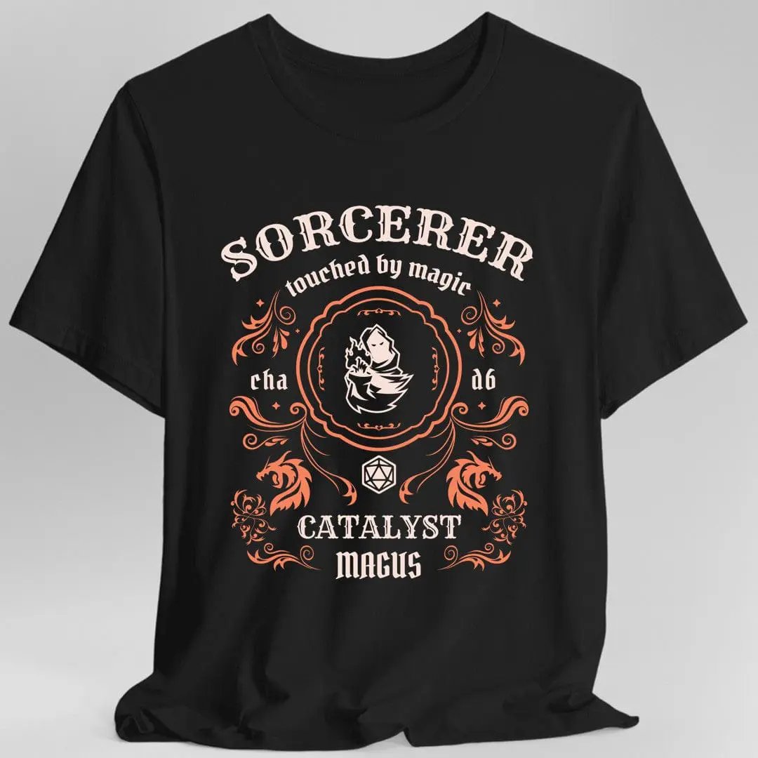 Black Sorcerer Class Vintage Label T-Shirt by Sunburst RPG, featuring a retro-inspired sorcerer design on the front.