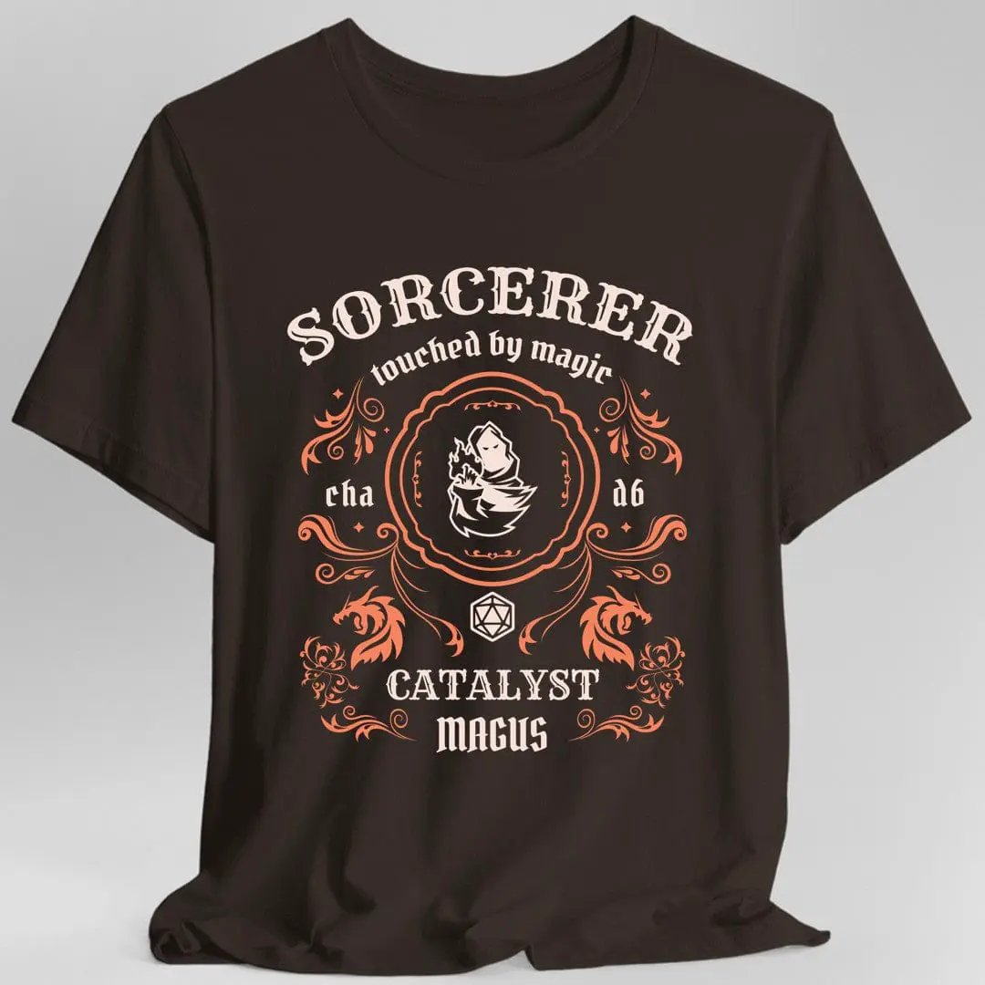 Dark chocolate Sorcerer Class Vintage Label T-Shirt from Sunburst RPG featuring mystical design and classic style.