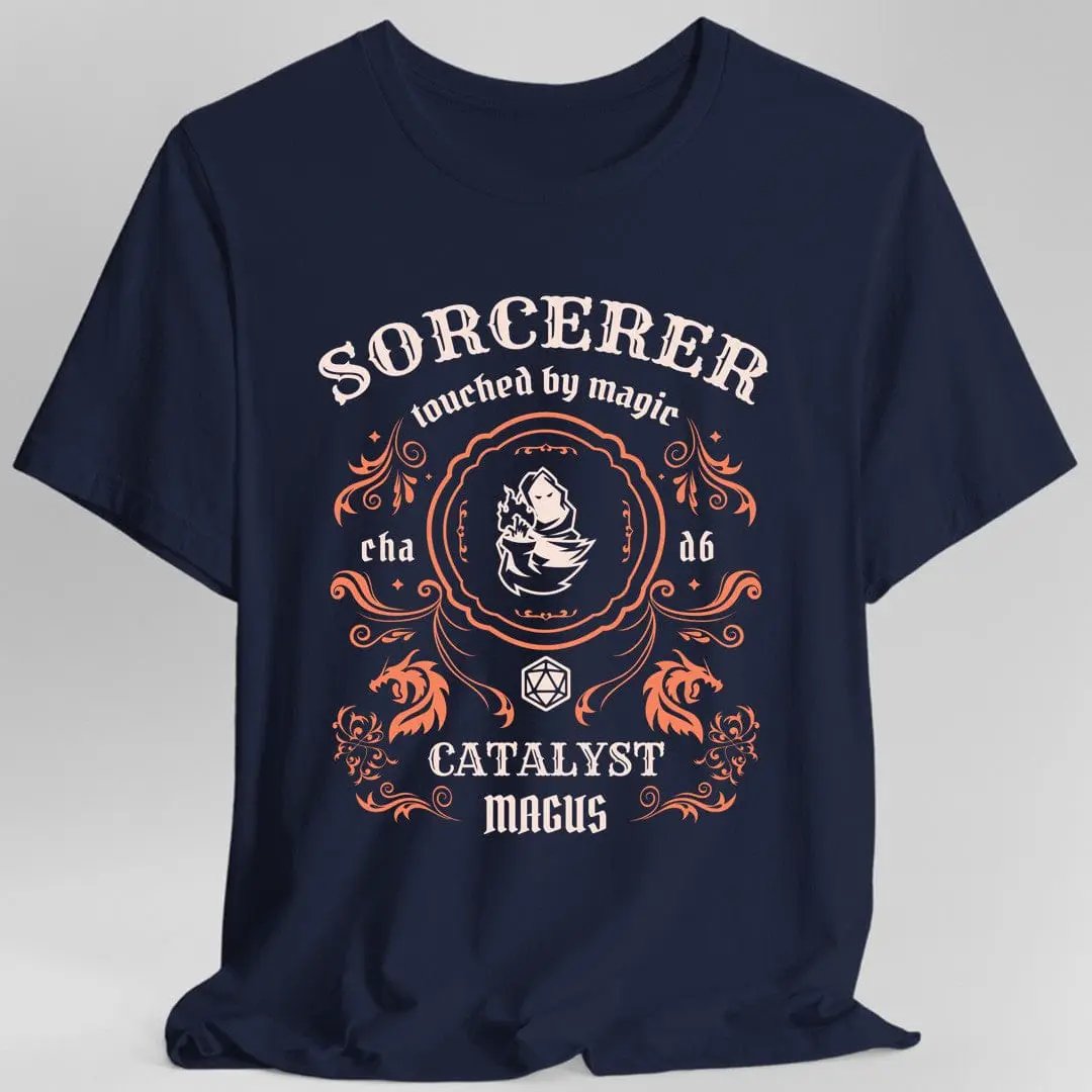 Navy Sorcerer Class Vintage Label T-Shirt by Sunburst RPG featuring a detailed sorcerer illustration and vintage-style design.