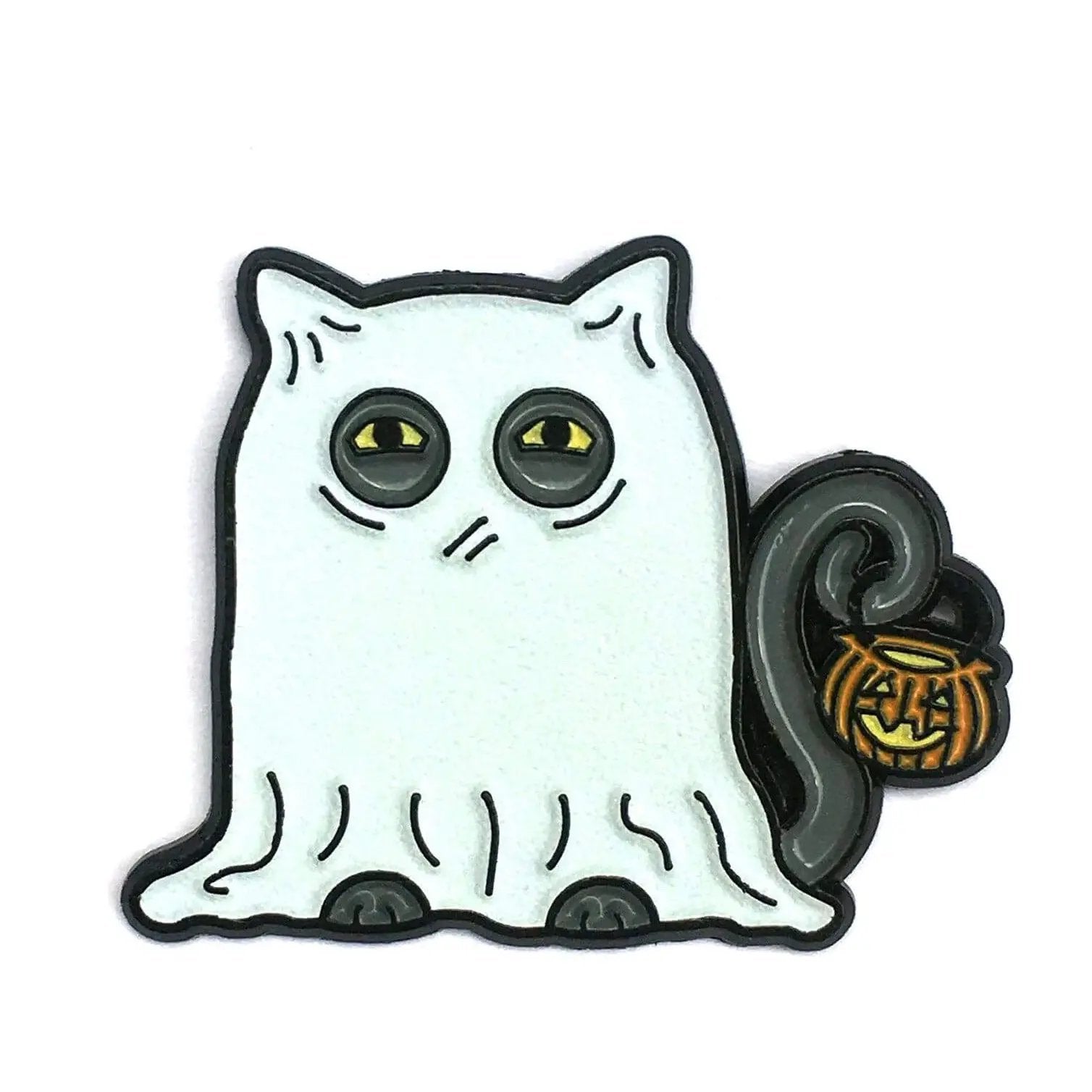 Spooky Kitty enamel pin by Kolorspun featuring a cute, spooky cat design on a white background.