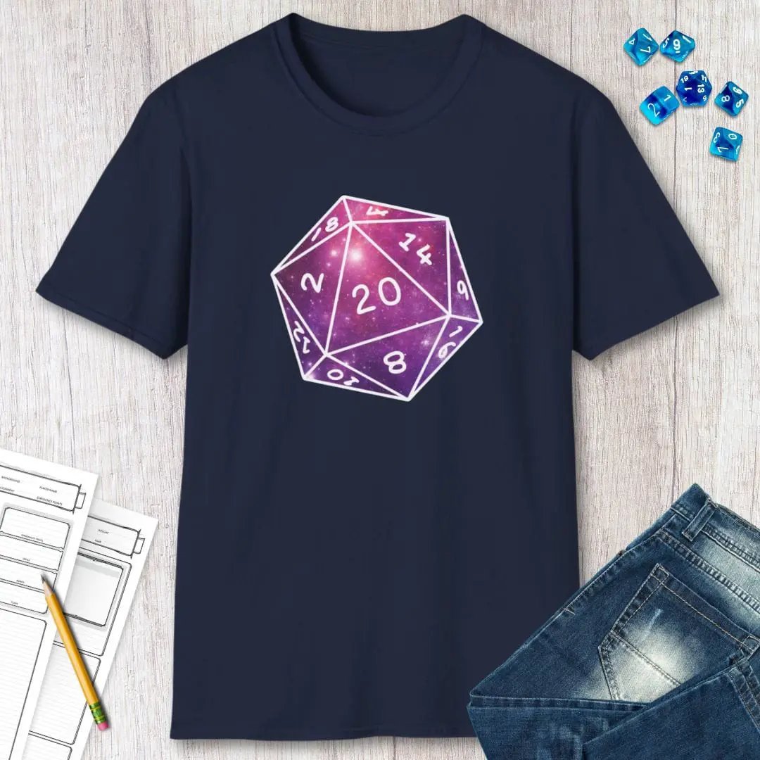 Stars Nebula D20 Dice Shirt by Sunburst RPG