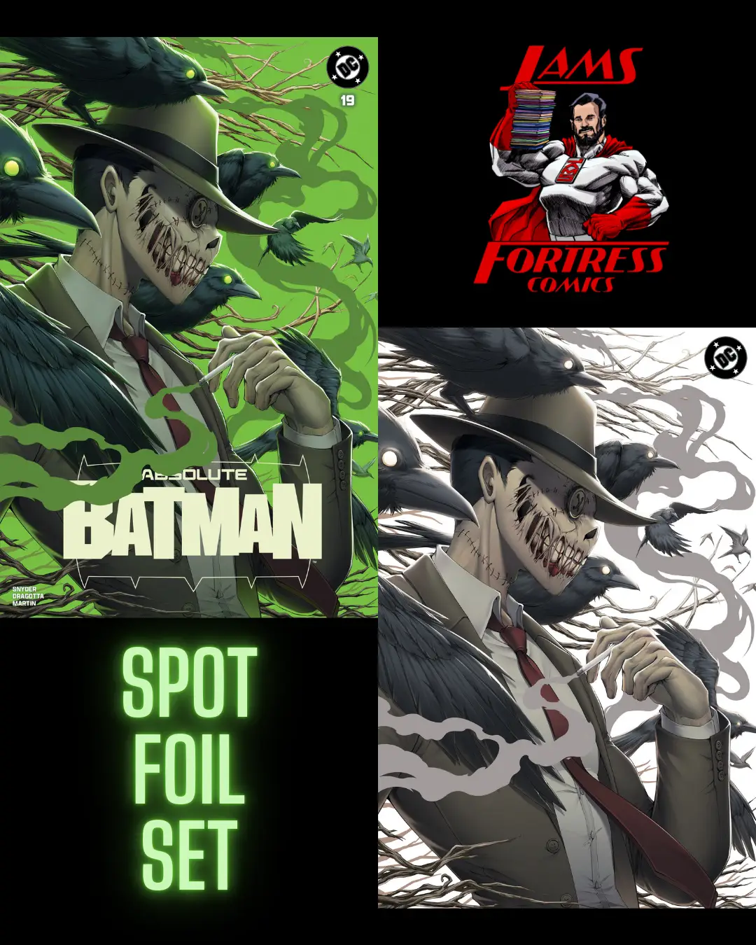 Exclusive Batman #19 comic book by JAMS Fortress Comics featuring Rachta Lin, with trade and virgin spot foil cover artwork.