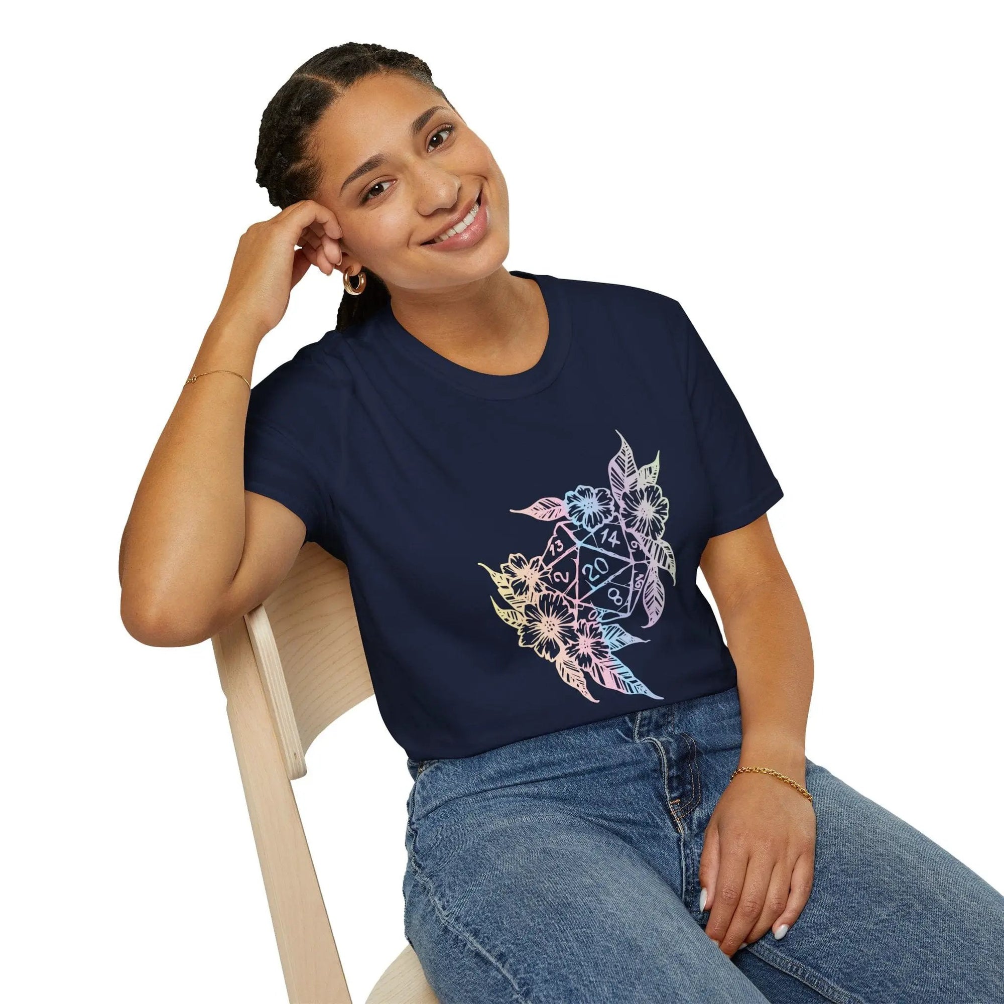 Sunburst RPG D&D D20 dice flower T-shirt featuring colorful D20 dice pattern on cotton fabric.