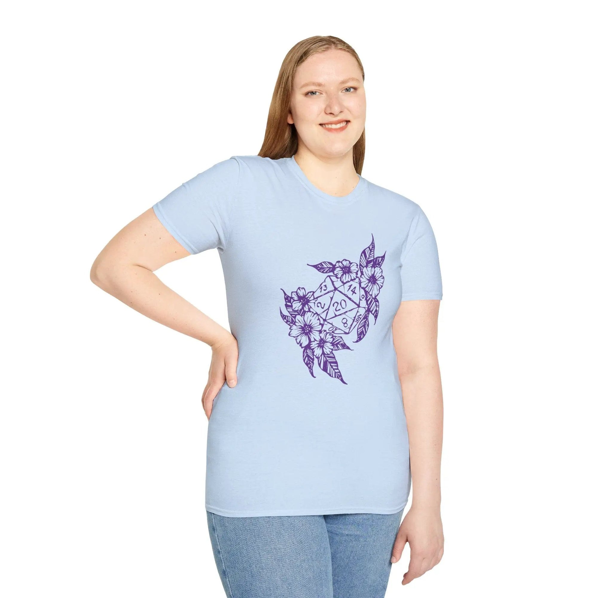 Sunburst RPG D&D D20 dice flower T-shirt featuring a colorful D20 dice design on soft fabric.