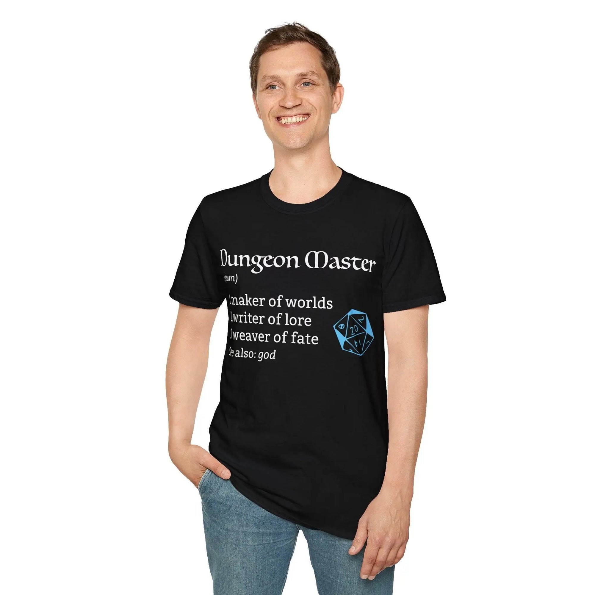 Funny Dungeon Master D&D T-Shirt by Sunburst RPG featuring the definition of Dungeon Master for role-playing game fans.