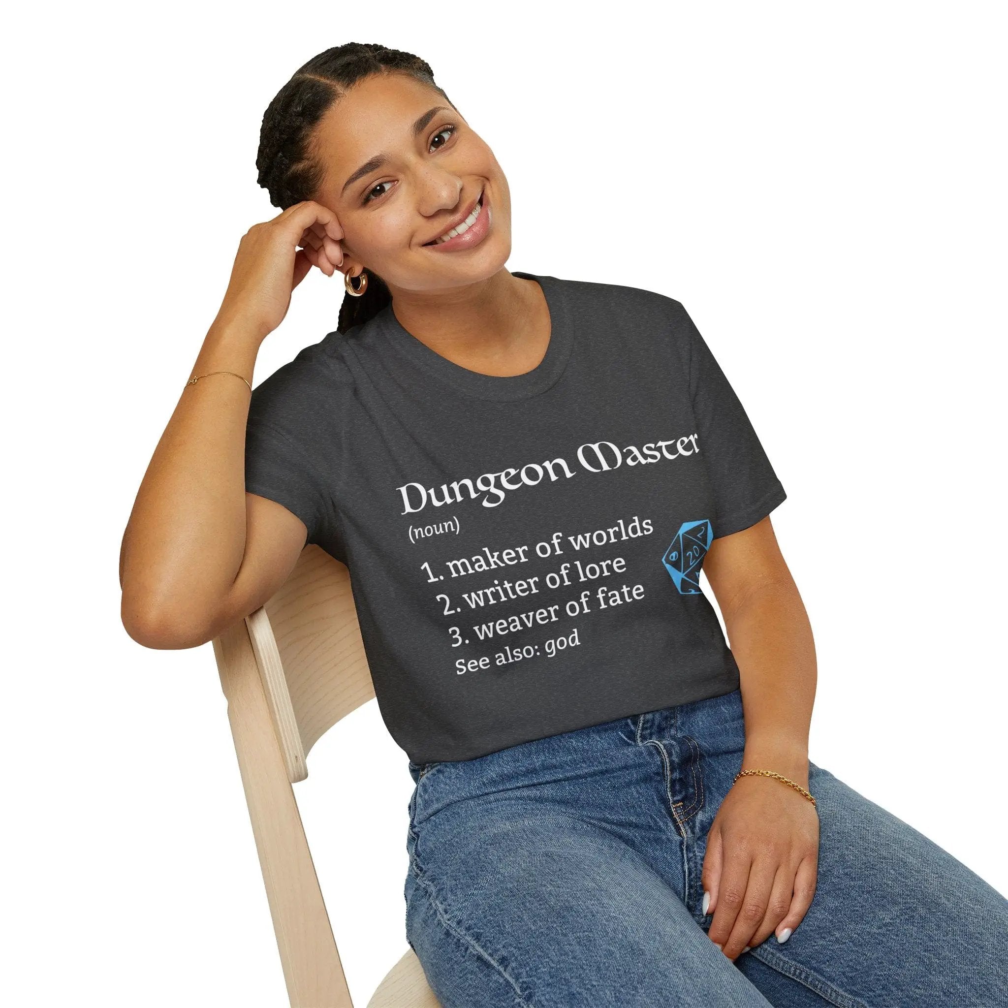 Sunburst RPG Dungeon Master T-Shirt with humorous D&D Dungeon Master definition and design, casual graphic tee for RPG fans