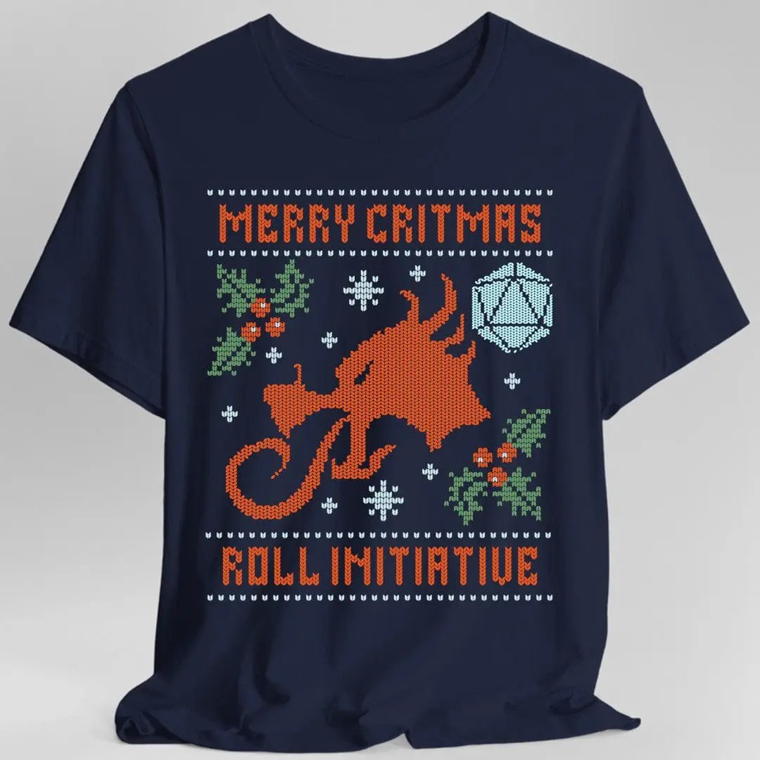 Navy Merry Critmas Ugly Sweater T-shirt by Sunburst RPG featuring festive holiday design with gaming and crit-themed graphics.