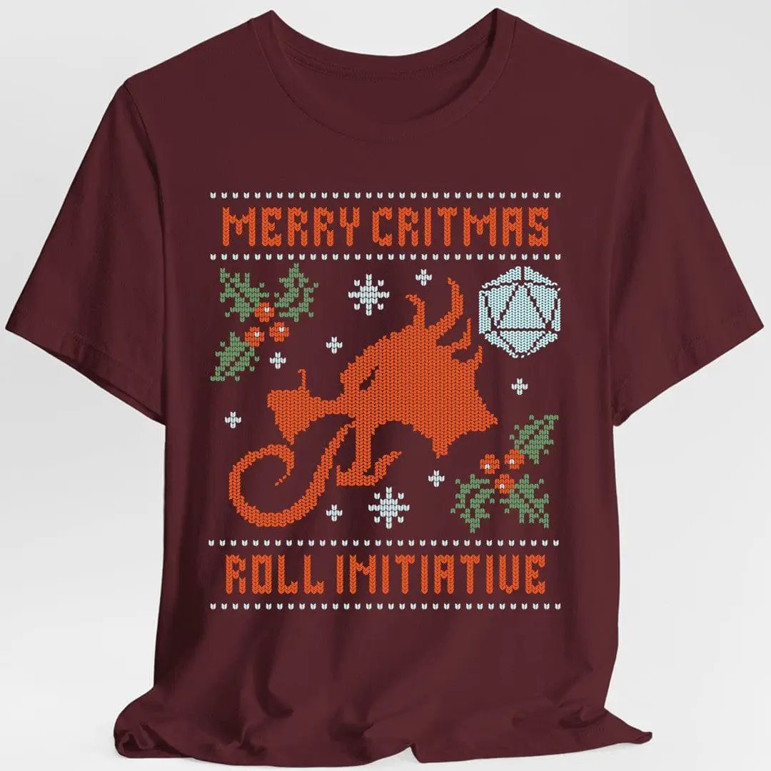 Maroon Sunburst RPG Merry Critmas ugly sweater T-shirt with festive holiday design and Roll Initiative text on front.