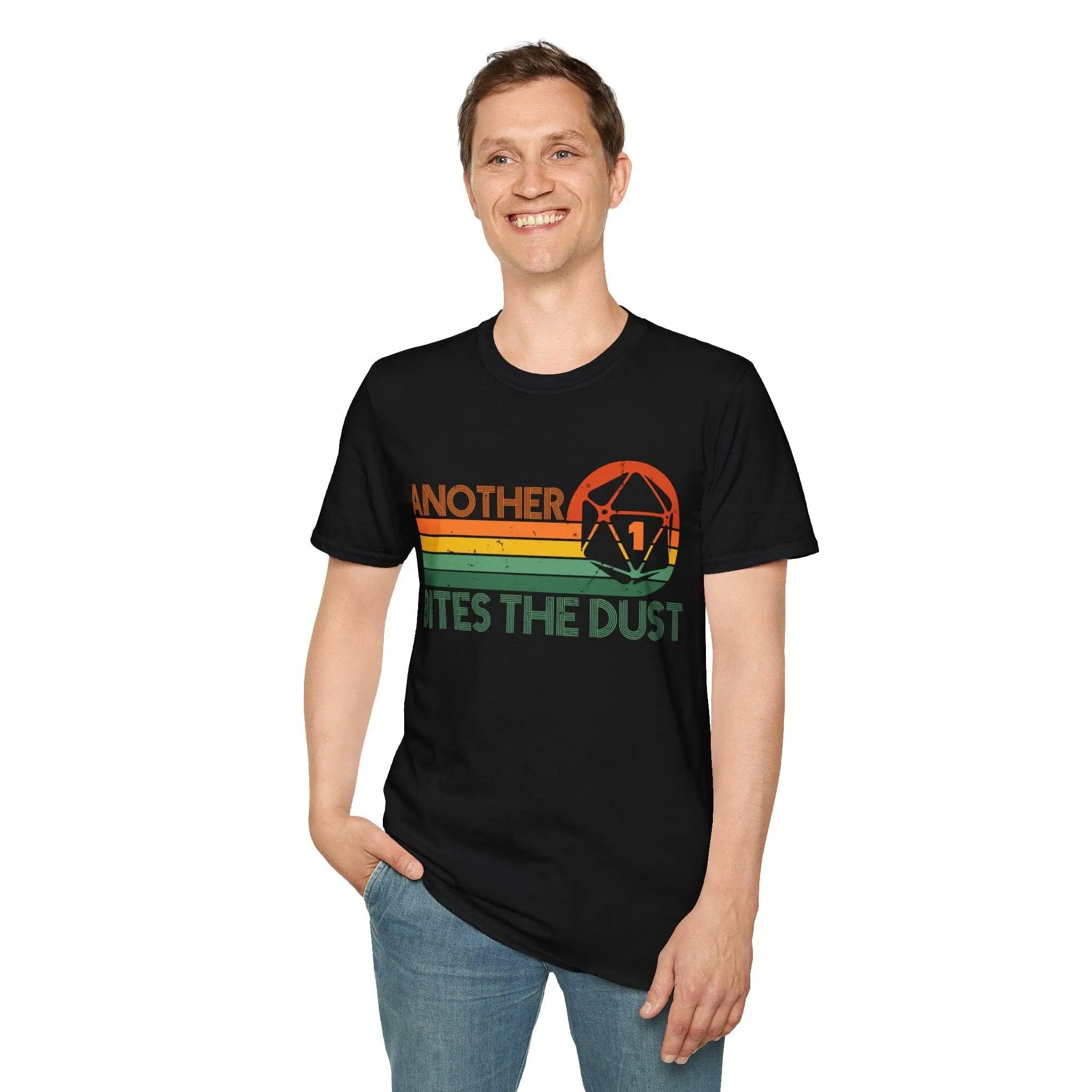 Sunburst RPG T-shirt featuring a design inspired by "Another One Bites The Dust" with dice graphics on the front.