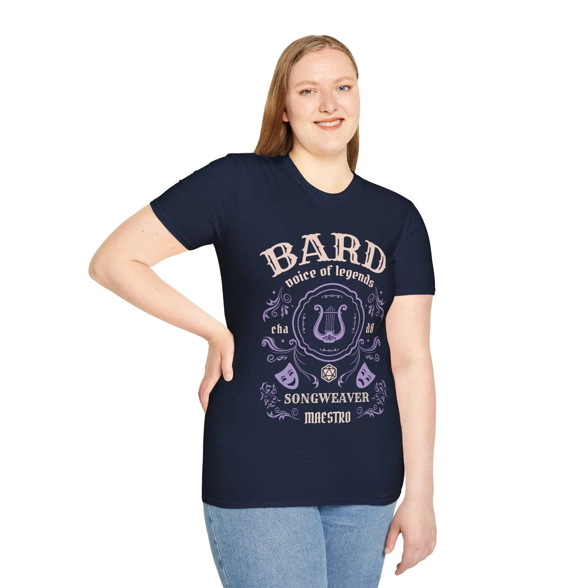 Sunburst RPG Bard Class Vintage Label T-Shirt showing a retro-inspired design on soft cotton fabric.