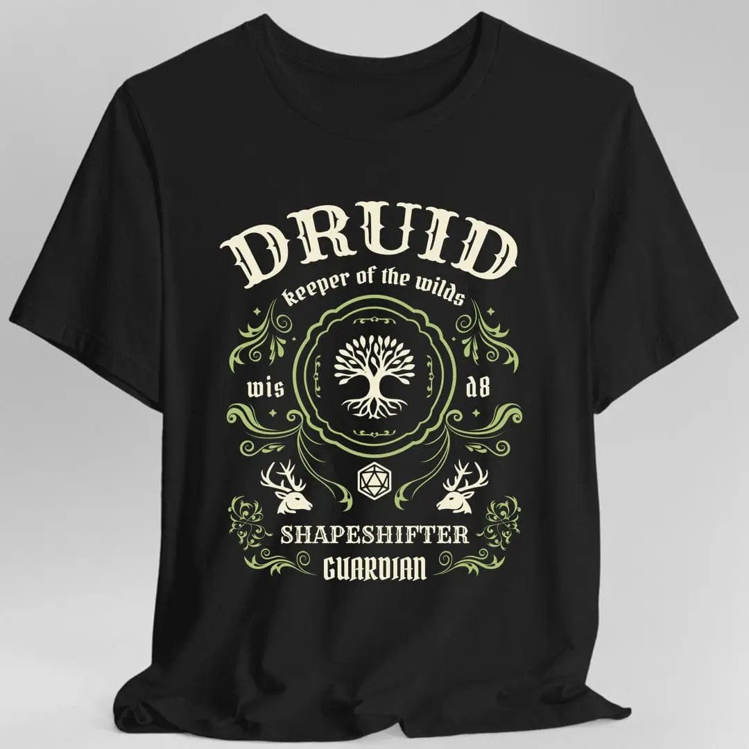 Black Druid Class Vintage Label T-Shirt from Sunburst RPG, featuring a classic design and detailed Druid graphics.