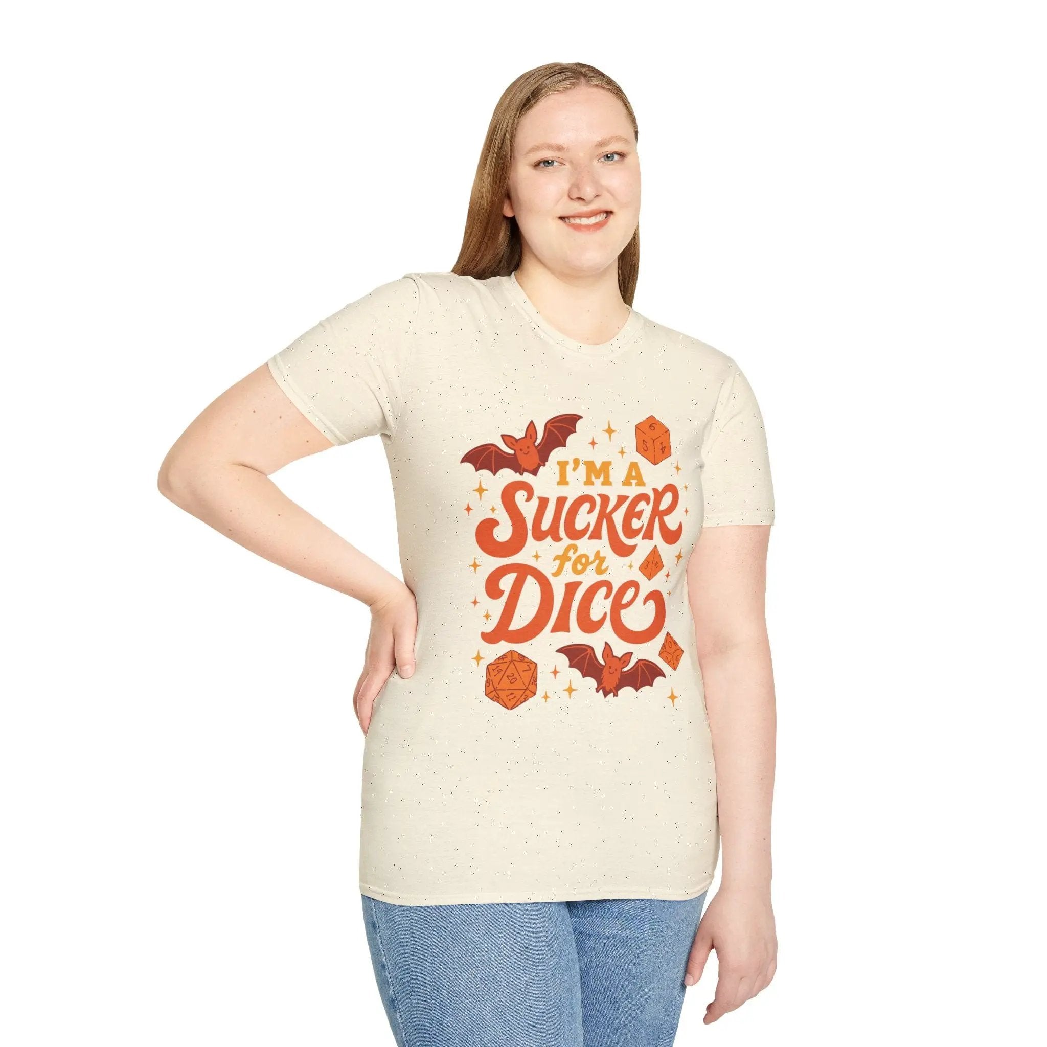 Sunburst RPG "I'm a Sucker for Dice" T-Shirt featuring a playful Halloween-themed dice design on a casual black tee.