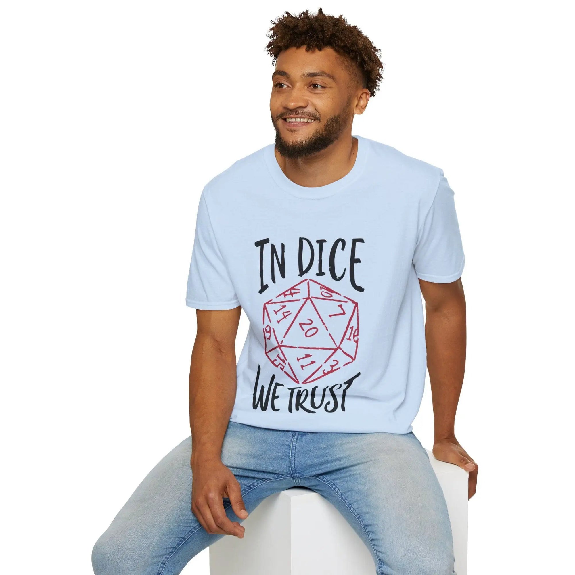 Sunburst RPG In Dice We Trust D&D T-Shirt featuring a dice graphic and bold lettering on a casual cotton tee.