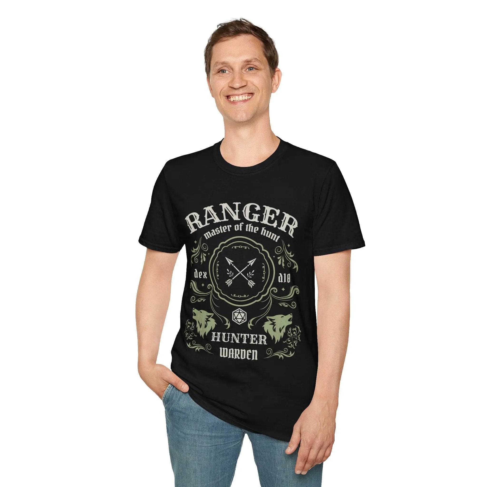 Sunburst RPG Ranger Class Vintage Label T-Shirt featuring a classic design with a ranger emblem on soft cotton fabric.