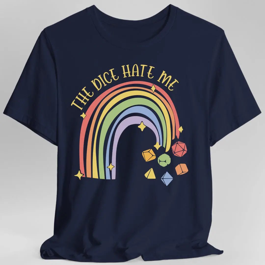 Navy Dice Hate Me Rainbow T-Shirt by Sunburst RPG featuring colorful rainbow design on front, casual fit, and soft fabric.