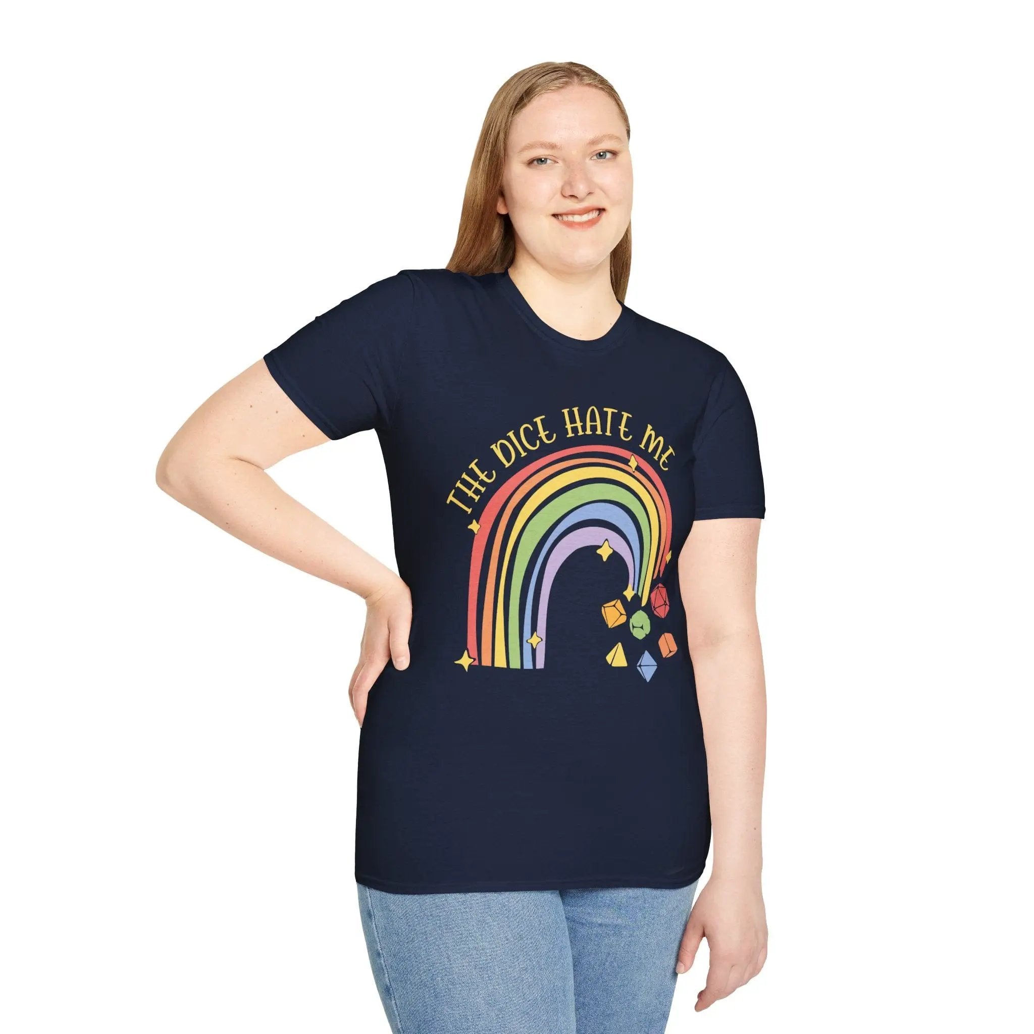 Rainbow D&D T-Shirt by Sunburst RPG featuring colorful dice graphics on a casual cotton T-shirt.