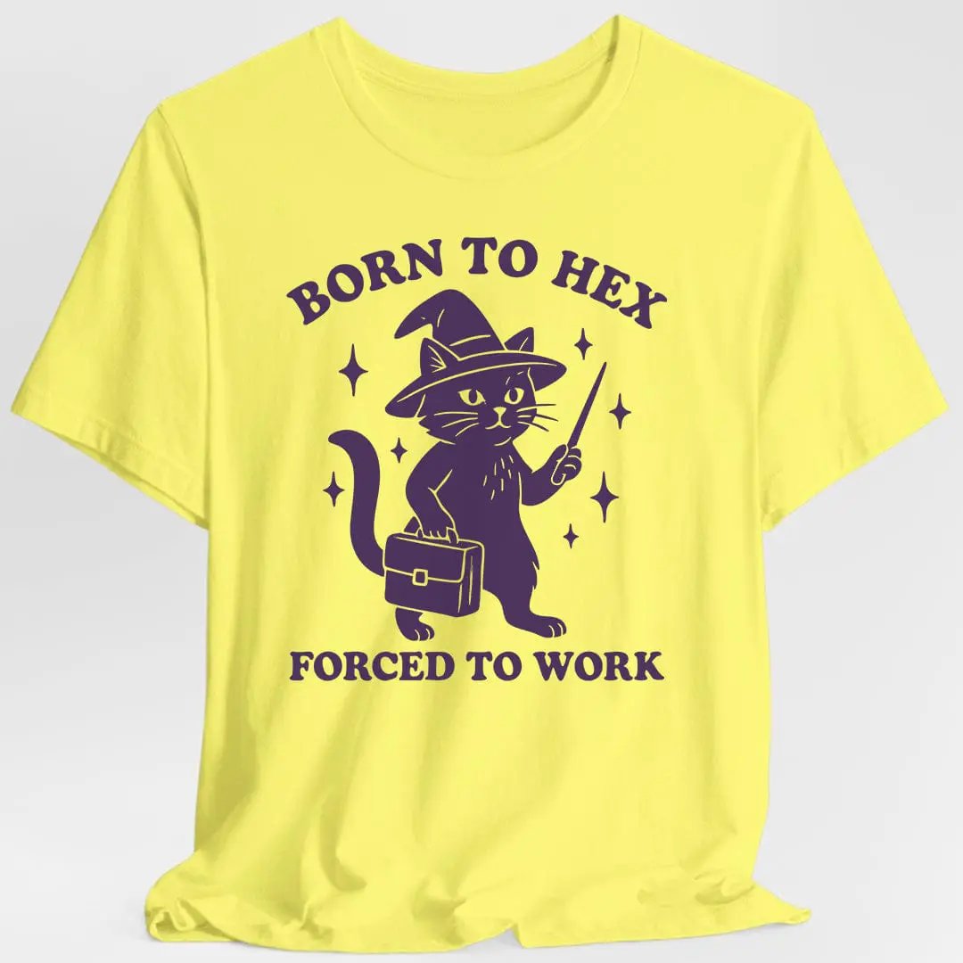 Light-colored Sunburst RPG "Born to Hex Forced to Work" cat T-shirt featuring a printed design on the front.