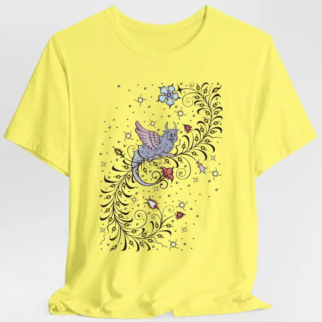 Medieval Manuscript Dragon T-Shirt by Sunburst RPG featuring detailed dragon artwork on cornsilk fabric.