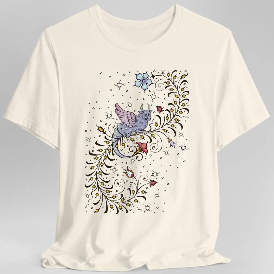 Sunburst RPG Medieval Manuscript Dragon T-Shirt featuring detailed dragon illustration on natural fabric background.