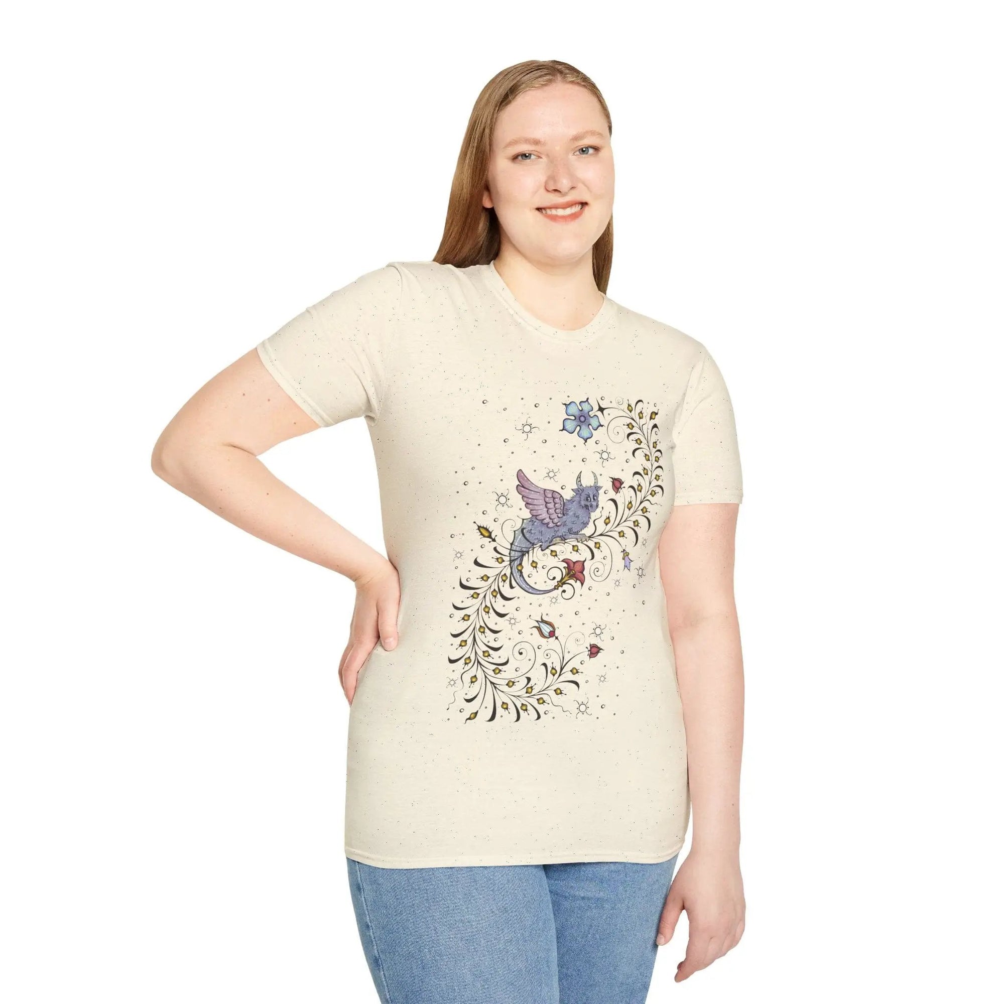 Medieval Manuscript Dragon T-Shirt by Sunburst RPG featuring detailed dragon illustration on fabric.