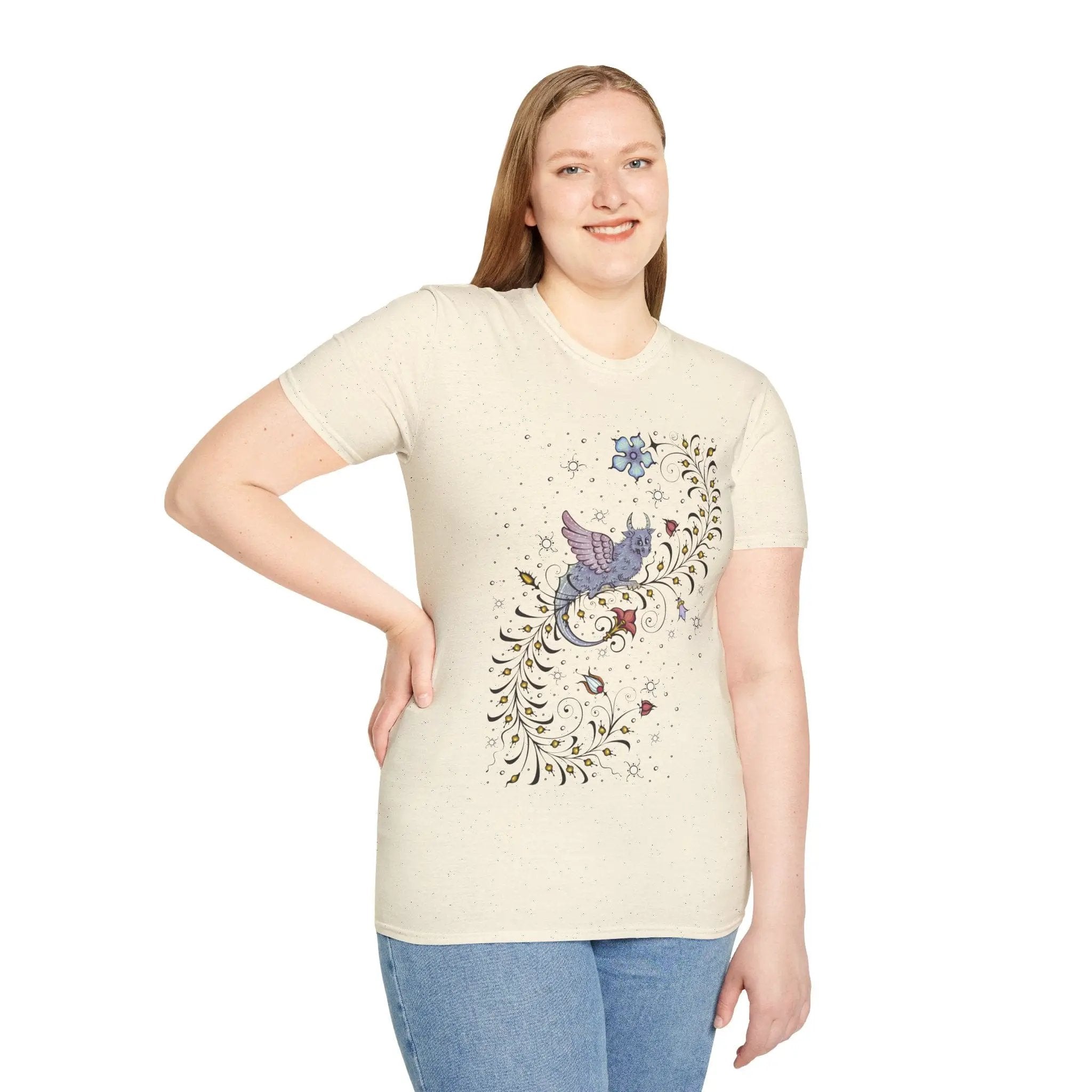 Medieval Manuscript Dragon T-Shirt by Sunburst RPG featuring detailed dragon illustration on fabric.