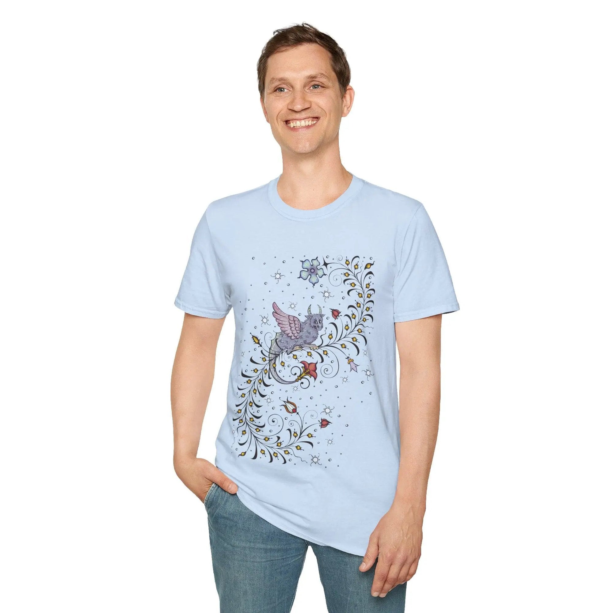Medieval Manuscript Dragon T-Shirt by Sunburst RPG featuring a detailed dragon illustration on a historic manuscript background.