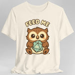 Sunburst RPG D&D Owlbear Feed Me T-Shirt featuring a detailed illustration of a fierce owlbear creature on a natural-colored shirt.