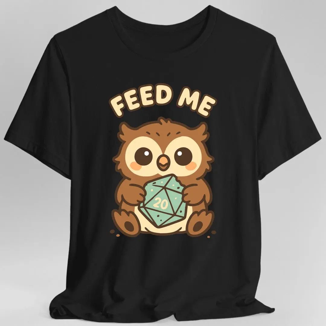 Black D&D Owlbear Feed Me T-shirt by Sunburst RPG featuring a graphic of an owlbear creature on the front.