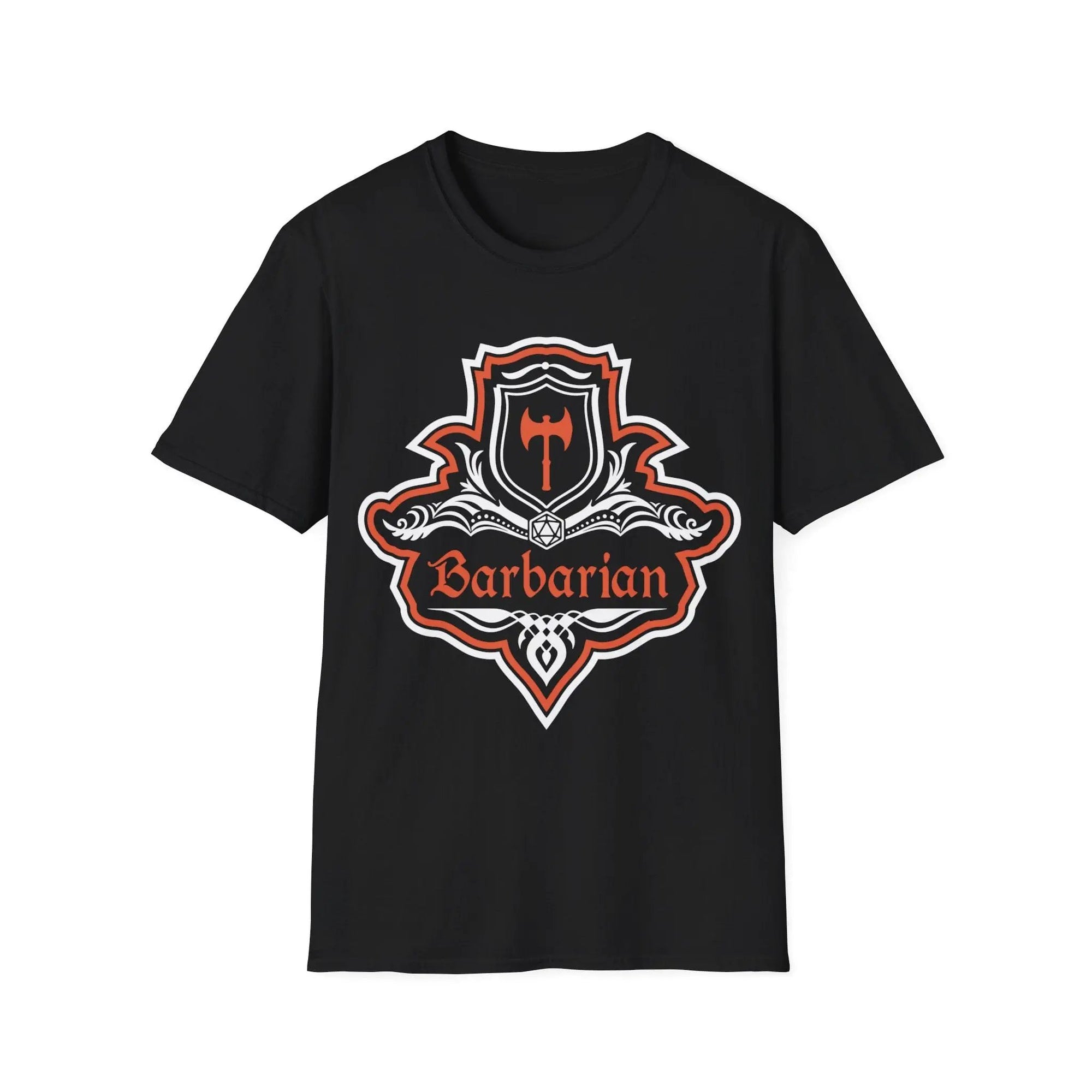 Black D&D Barbarian Class T-Shirt by Sunburst RPG featuring a fancy emblem design, casual fit, and comfortable fabric.