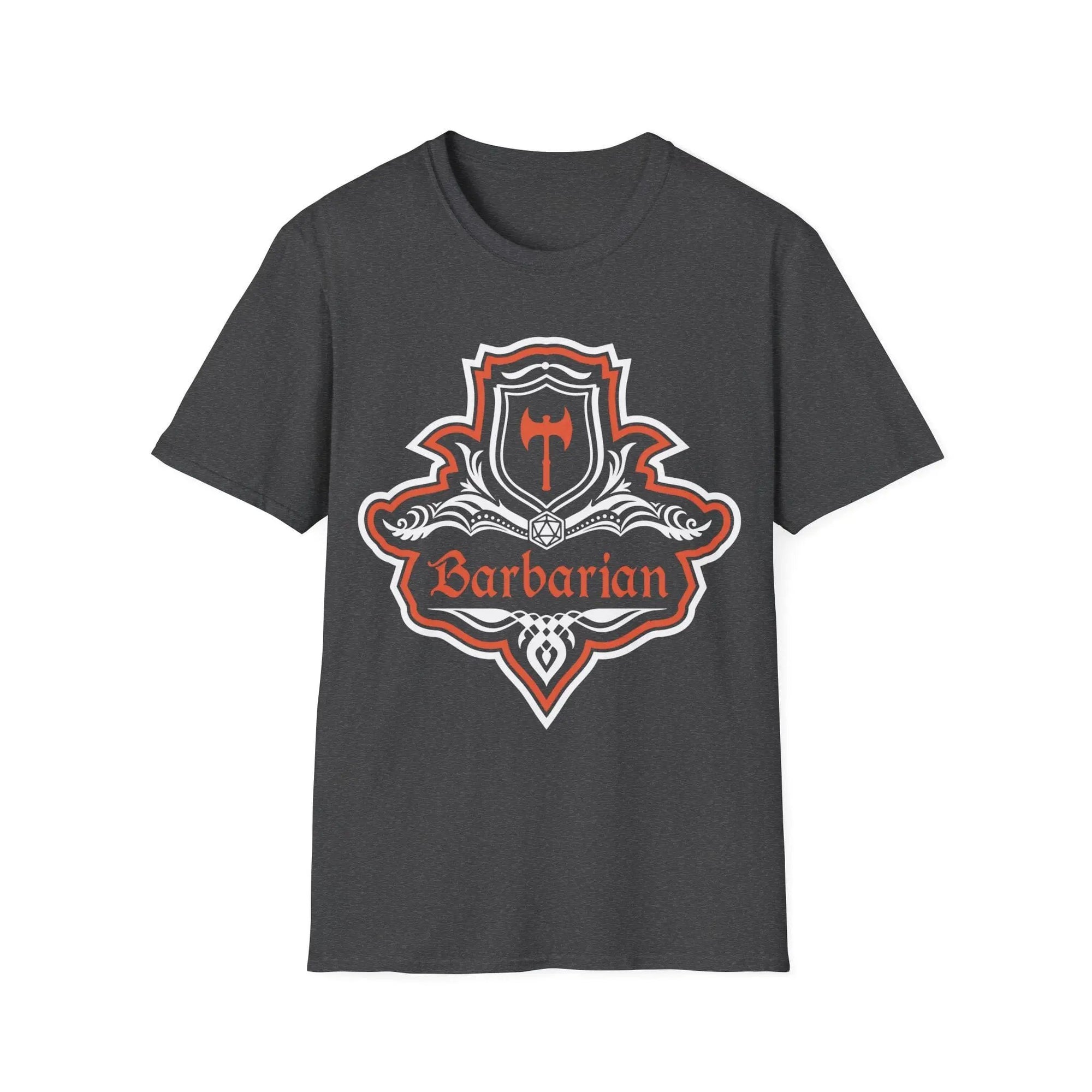 Dark heather D&D Barbarian Class T-shirt by Sunburst RPG featuring a fancy emblem design with bold fantasy artwork.