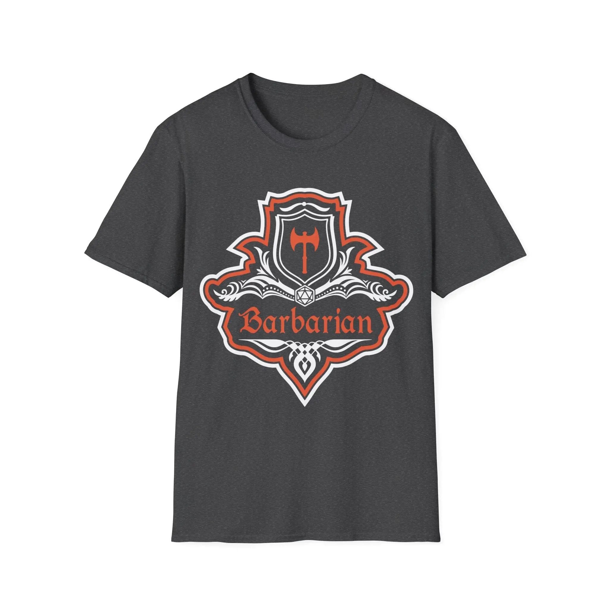 Dark heather D&D Barbarian Class T-shirt by Sunburst RPG featuring a fancy emblem design with bold fantasy artwork.