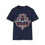 Navy D&D Barbarian Class fancy emblem T-shirt by Sunburst RPG featuring a detailed barbarian symbol on the front.