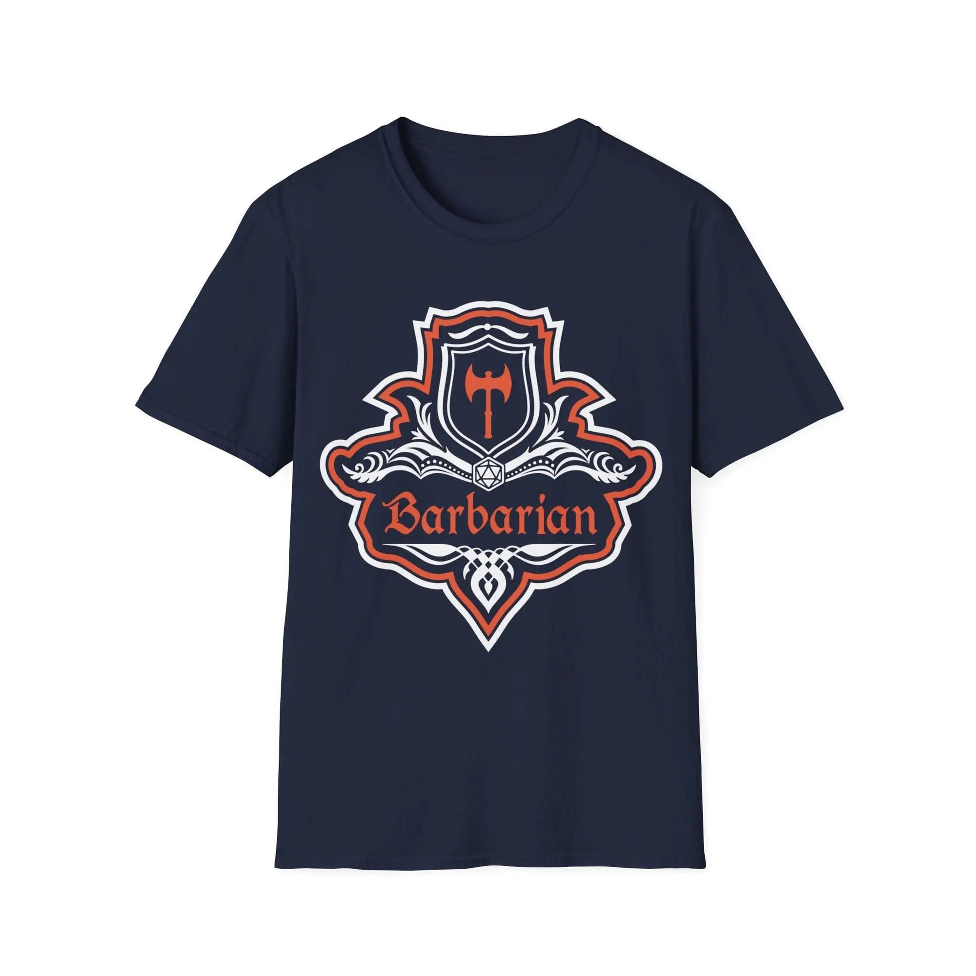 Navy D&D Barbarian Class fancy emblem T-shirt by Sunburst RPG featuring a detailed barbarian symbol on the front.