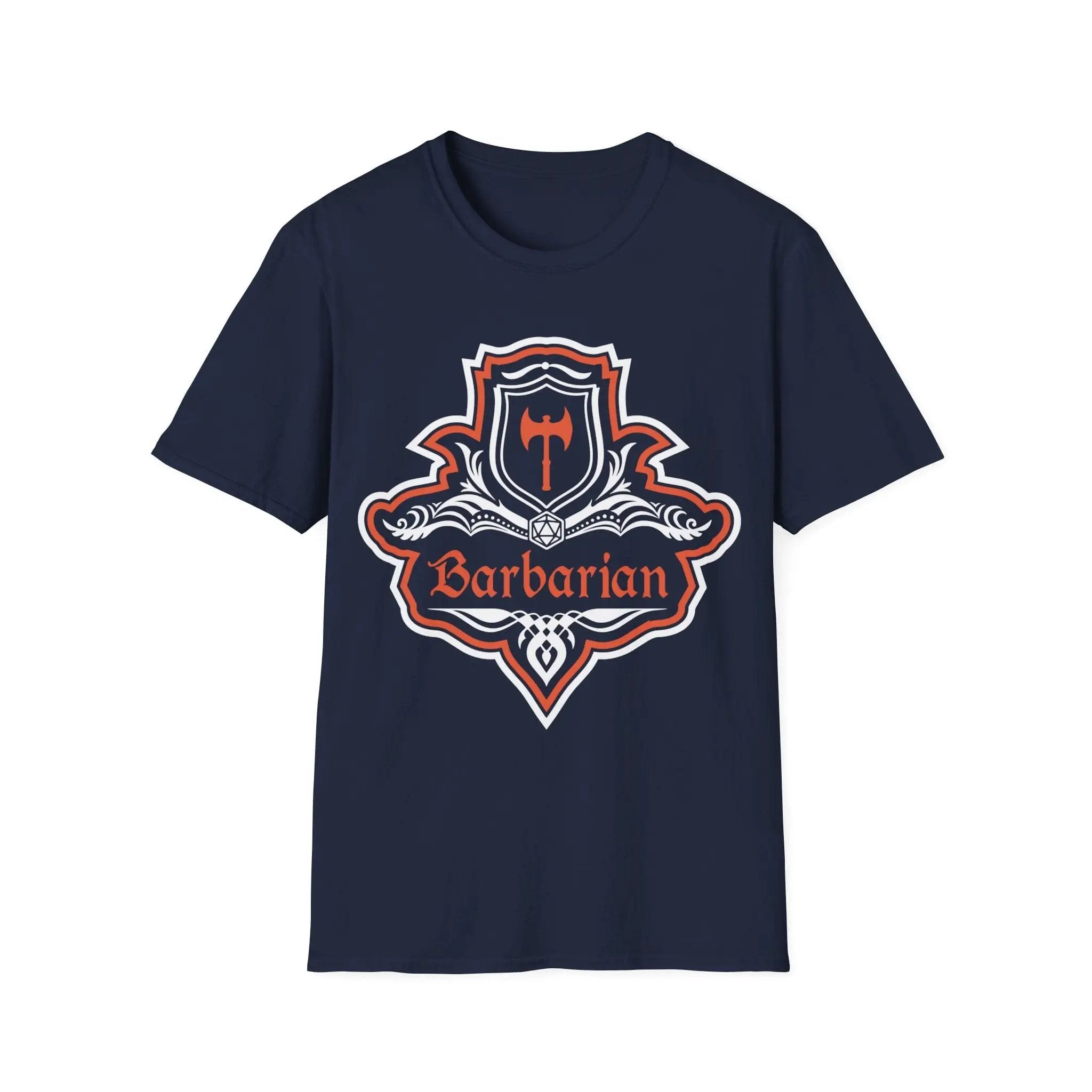 Navy D&D Barbarian Class fancy emblem T-shirt by Sunburst RPG featuring a detailed barbarian symbol on the front.