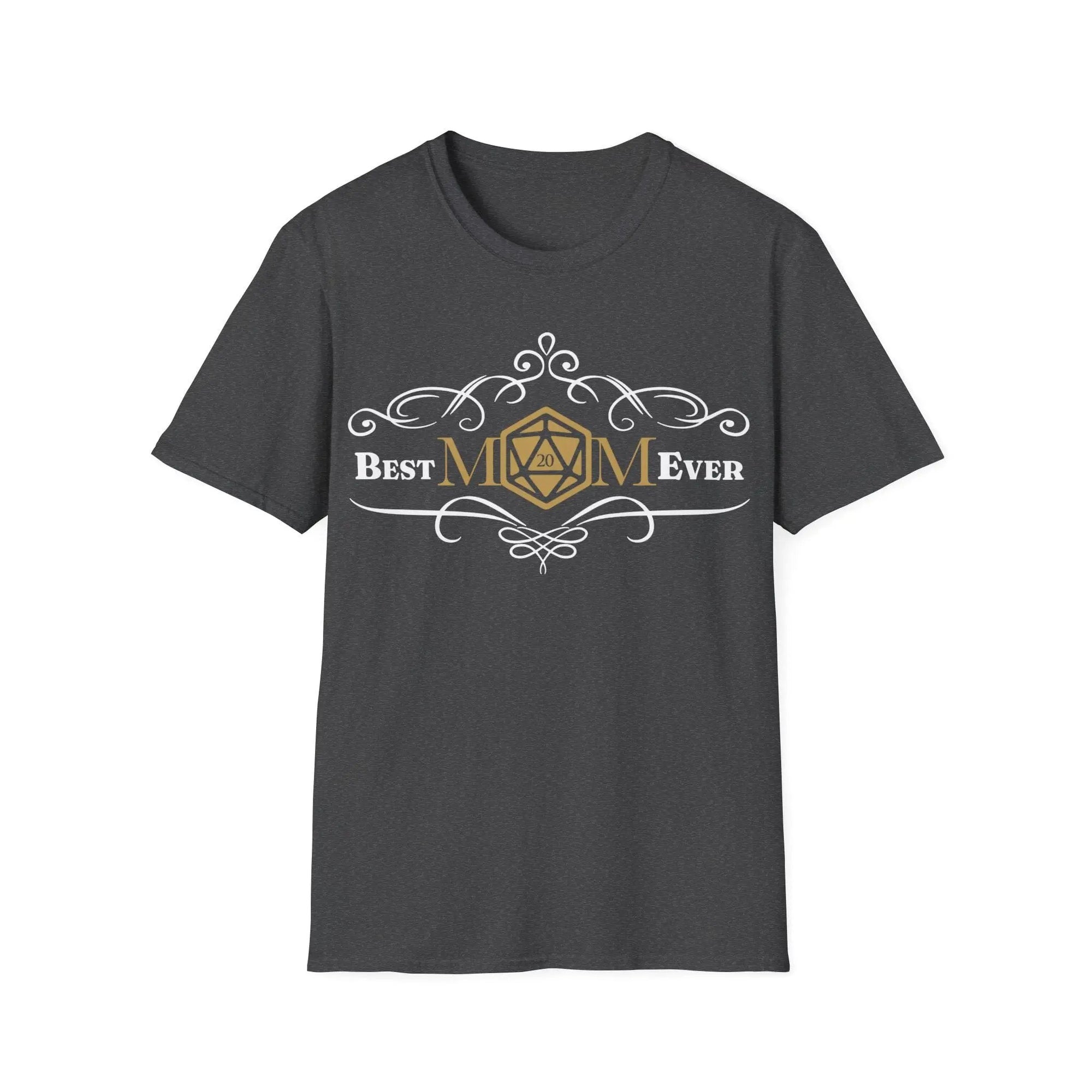 Dark heather D&D Best Mom Ever T-Shirt by Sunburst RPG featuring bold printed design, casual fit, and comfortable fabric.
