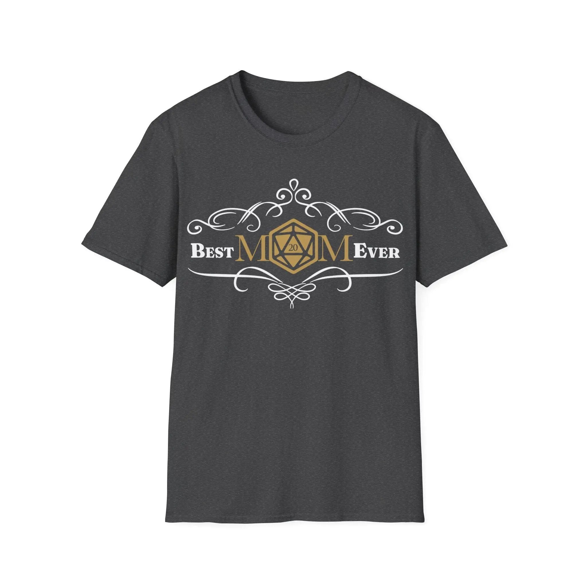 Dark heather D&D Best Mom Ever T-Shirt by Sunburst RPG featuring bold printed design, casual fit, and comfortable fabric.