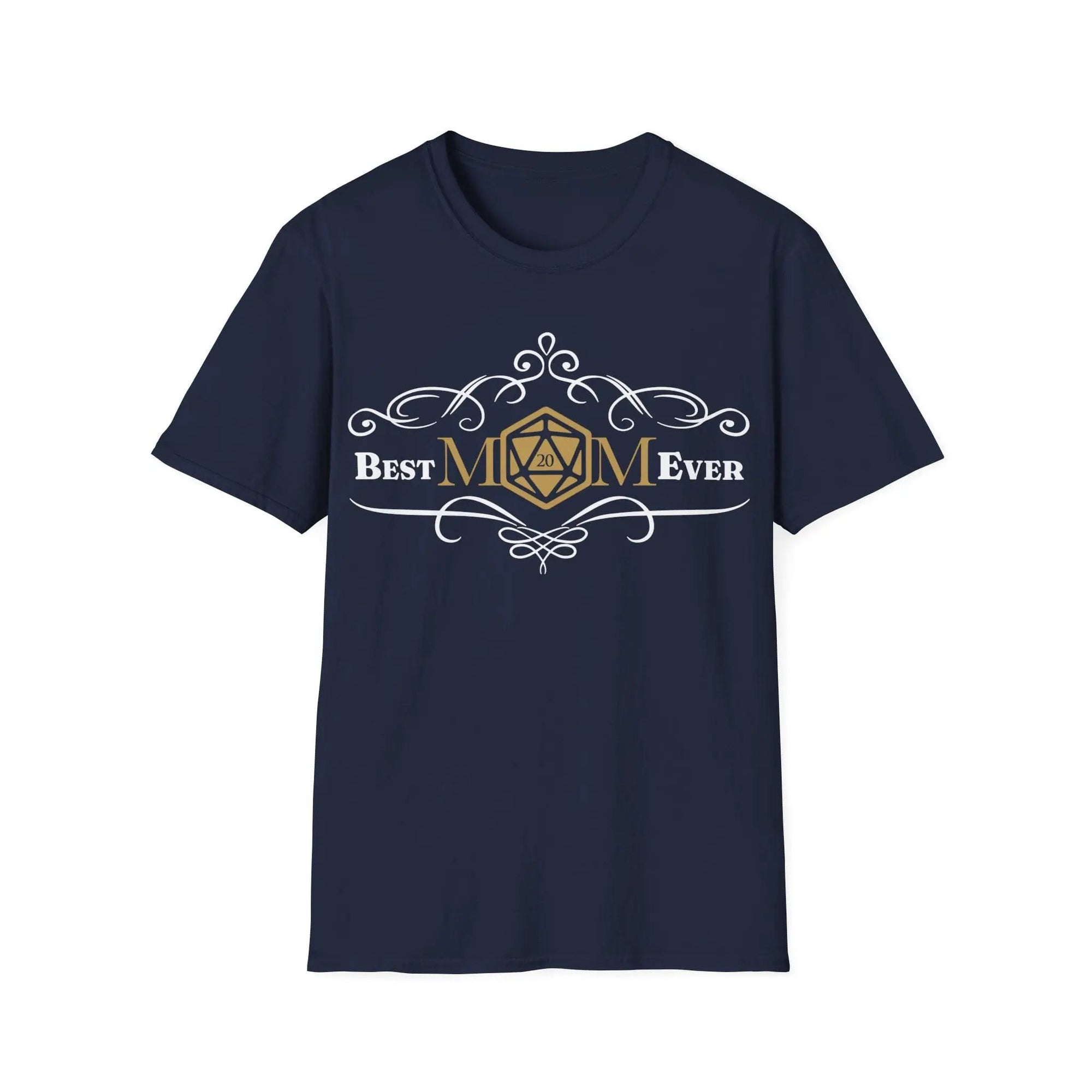 Navy D&D Best Mom Ever T-Shirt by Sunburst RPG featuring bold printed text and casual fit, front view.