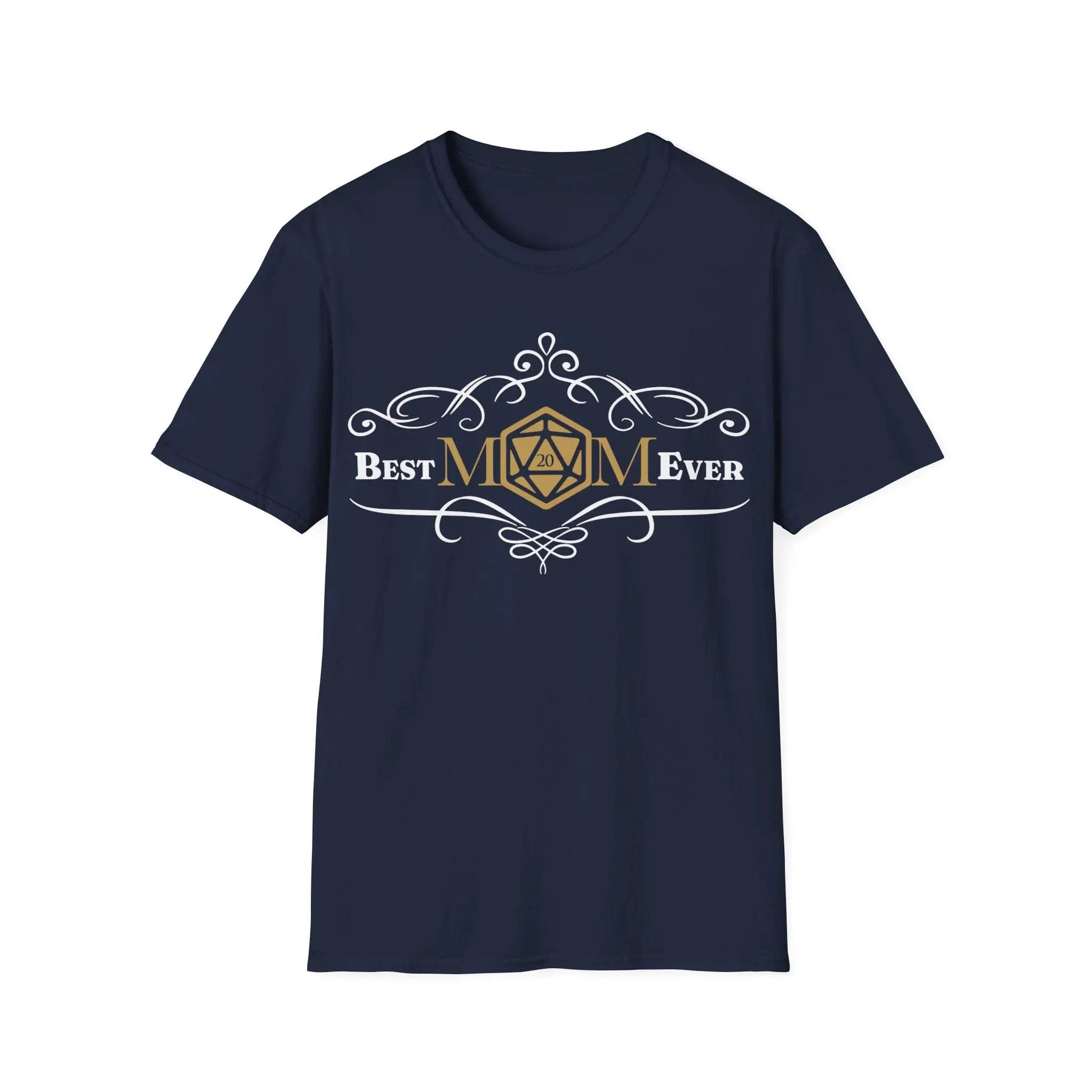 Navy D&D Best Mom Ever T-Shirt by Sunburst RPG featuring bold printed text and casual fit, front view.