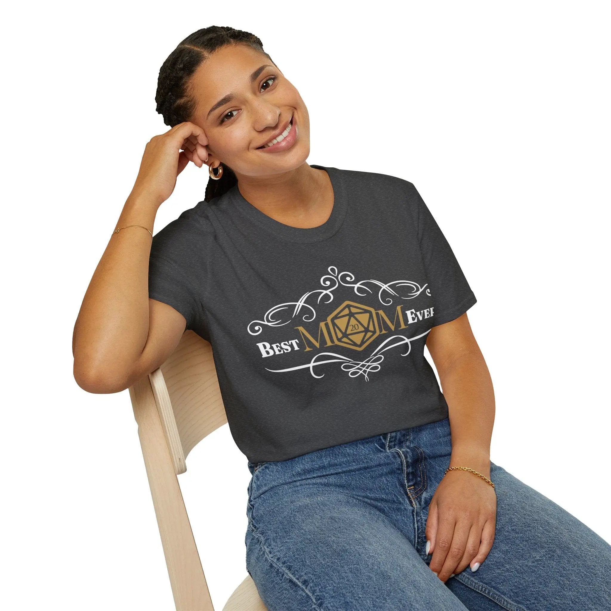 Sunburst RPG D&D Best Mom Ever T-Shirt featuring bold lettering and a playful design on soft, comfortable fabric.