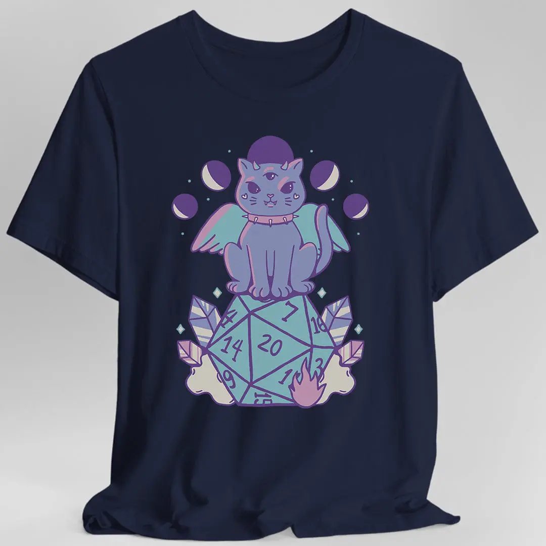 Navy D&D T-shirt featuring a cute cat and D20 dice design by Sunburst RPG, casual and comfortable apparel for tabletop game fans.