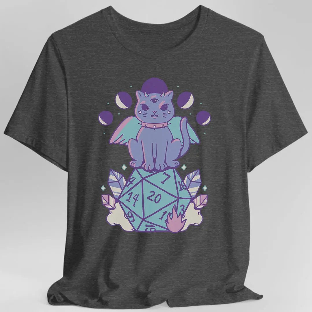 Dark heather D&D Cute Cat D20 T-shirt from Sunburst RPG featuring a playful cat design with a D20 dice graphic.