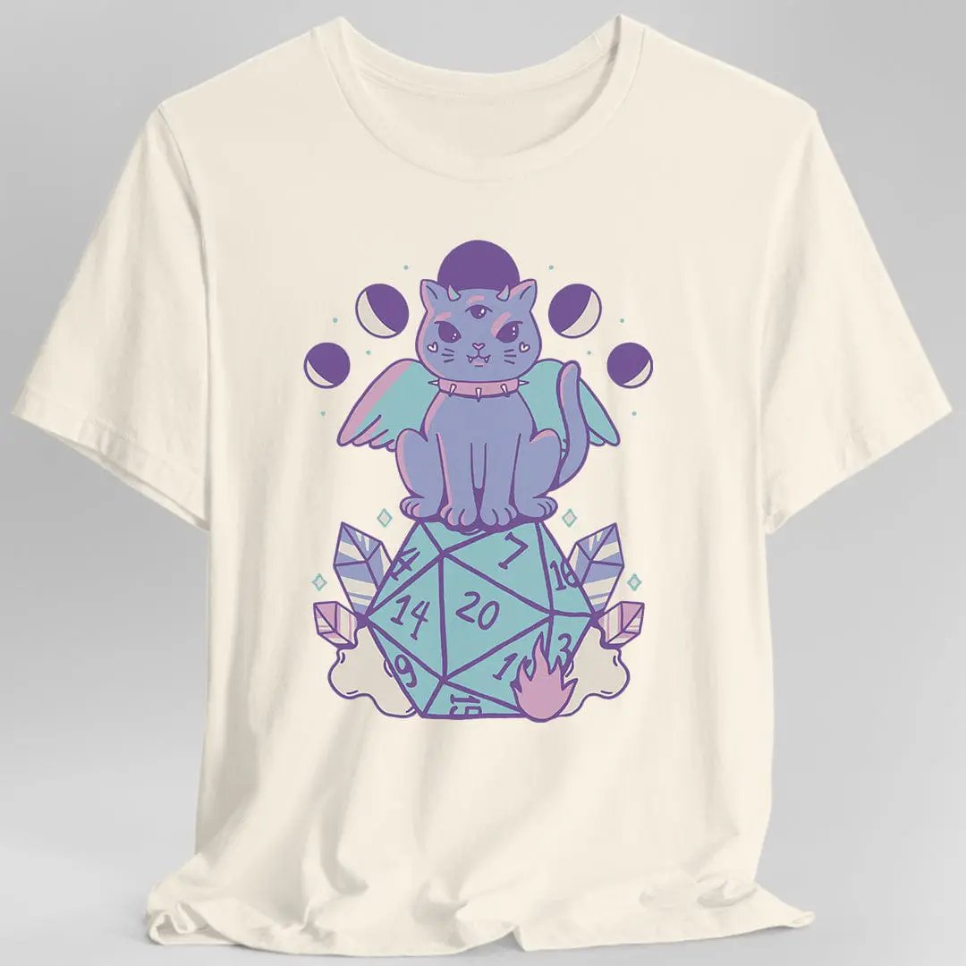 Sunburst RPG D&D Cute Cat D20 T-shirt featuring a playful cartoon cat and a D20 die, casual and stylish for tabletop gaming fans.