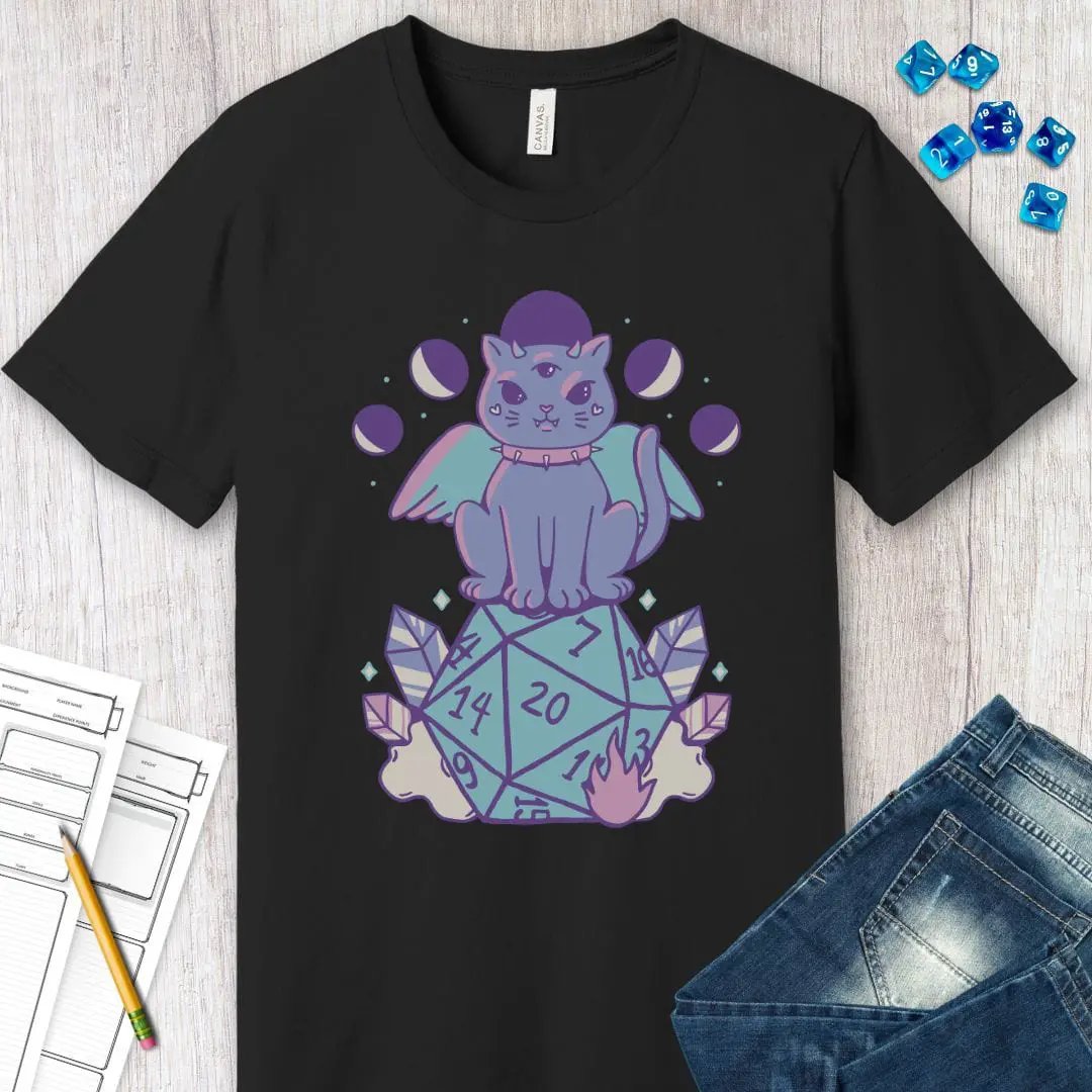 Sunburst RPG D&D Cute Cat D20 T-shirt featuring a playful cat and D20 dice graphic on a casual T-shirt.